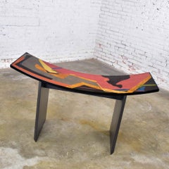 Italian Postmodern Dining Table Black Lacquer & Geometric Inlay w/ Glass Top