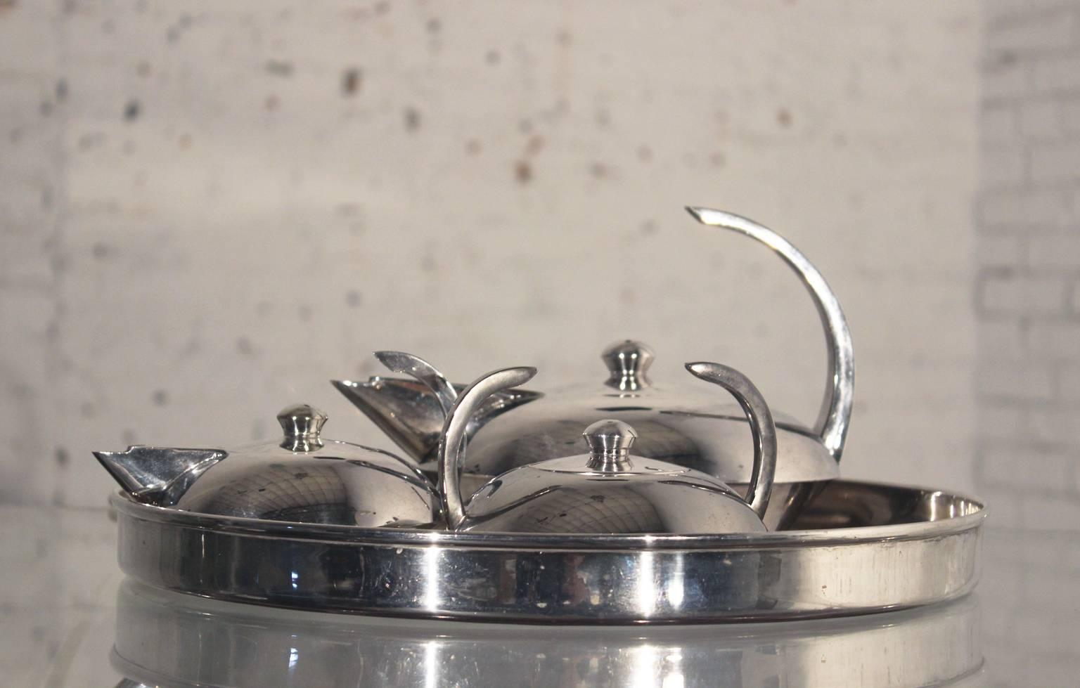 Vintage Escapade by Paris Art Deco Style Silver Plate Four-Piece Tea Service In Good Condition In Topeka, KS