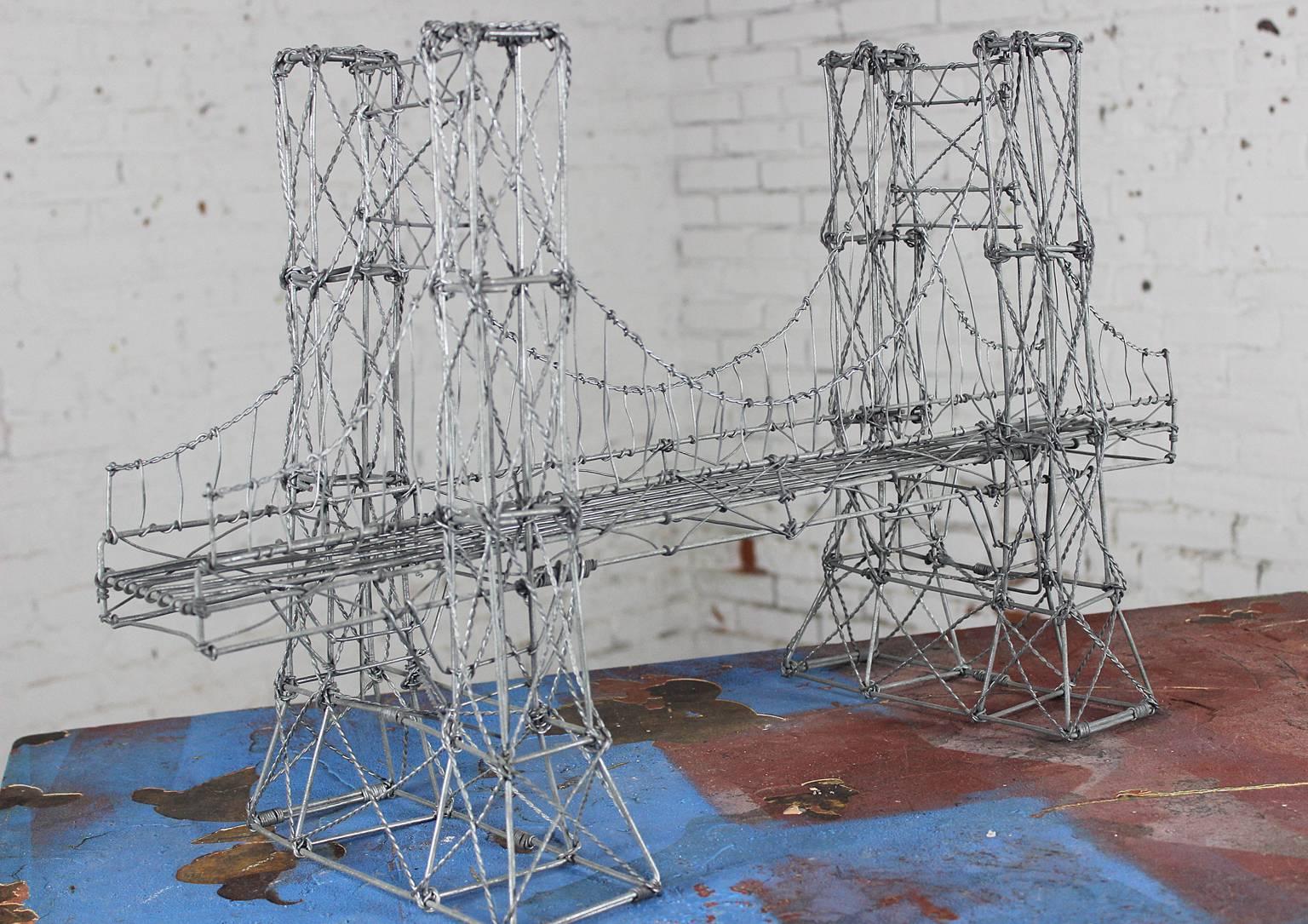 20th Century Vintage Folk Art Wire Suspension Bridge Model Sculpture