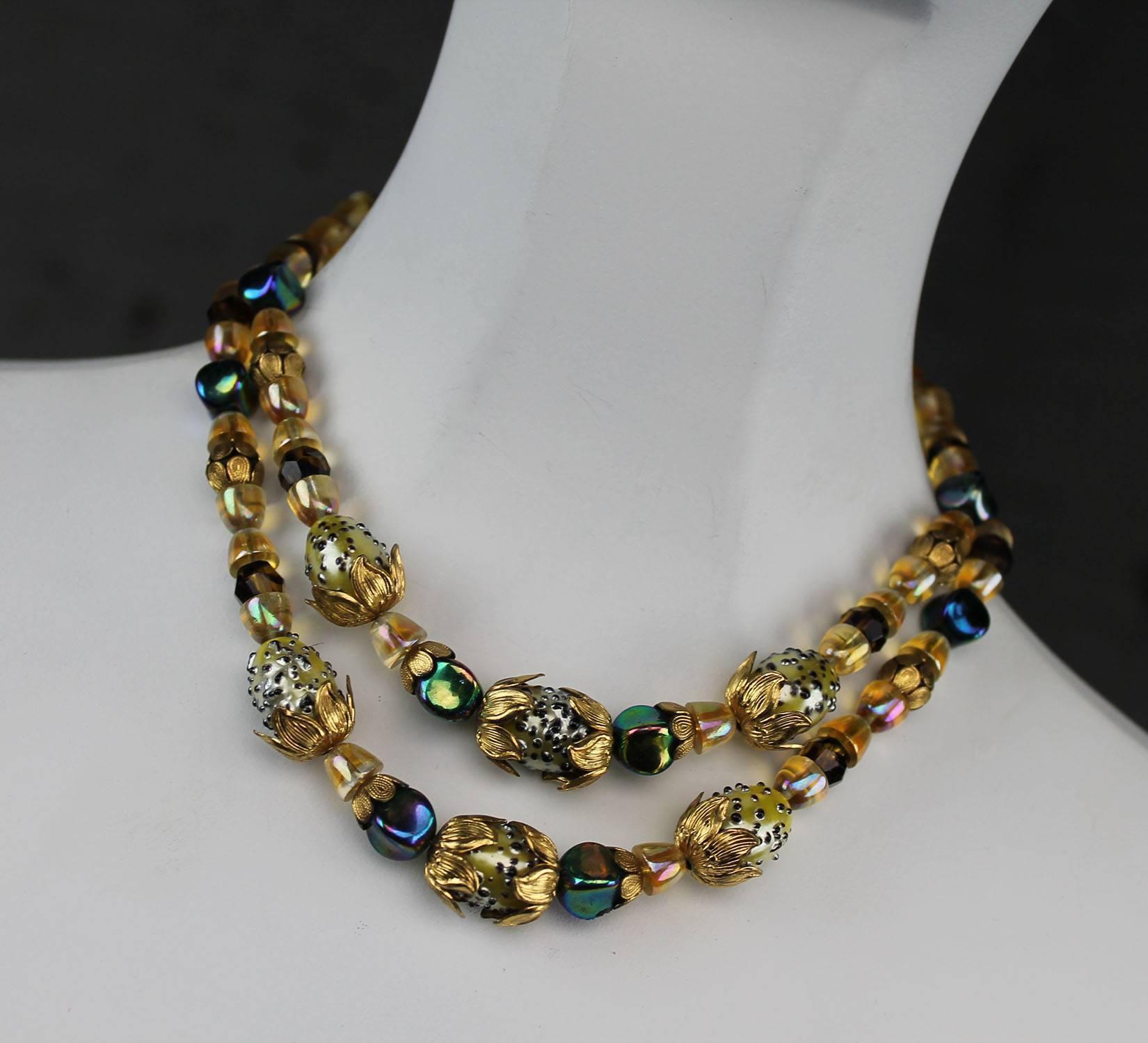 Mid-Century Modern Vintage Hobé Double Strand Necklace with Glass Beads and Gold Tone Filigree For Sale