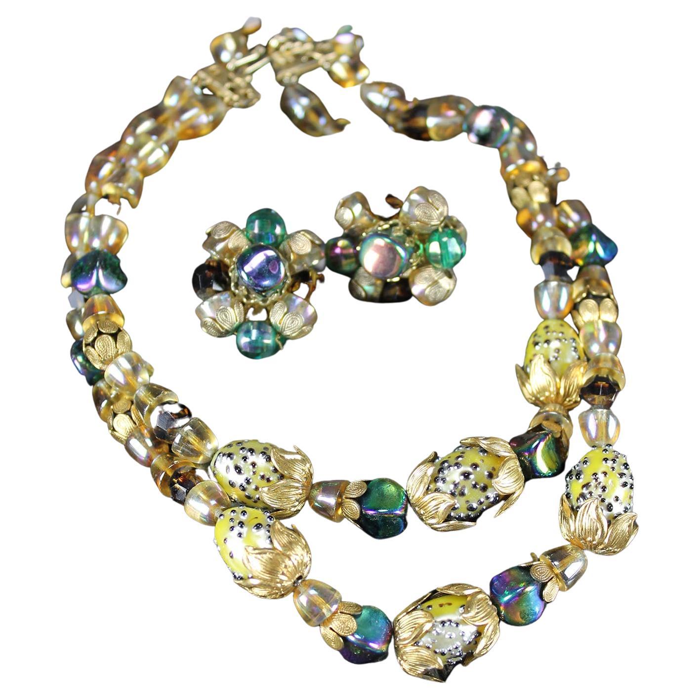 Vintage Hob Doppelstrang-Halskette mit Glasperlen und goldfarbenem Filigran