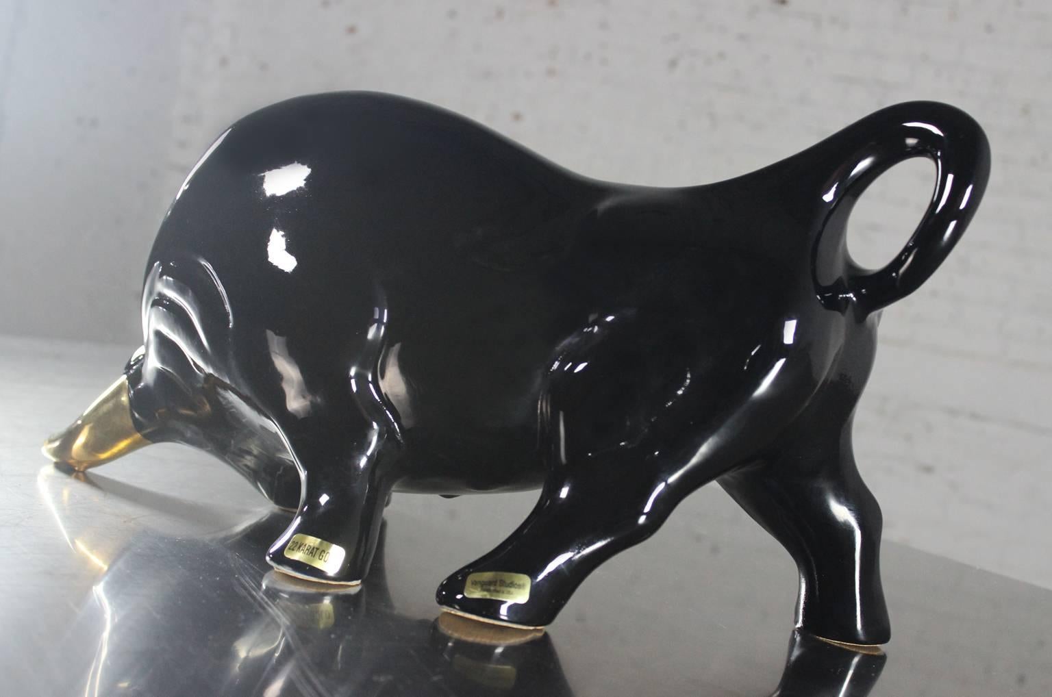 20th Century Large Royal Haeger Style Black and Gold Vanguard Studios Figural Ceramic Bull