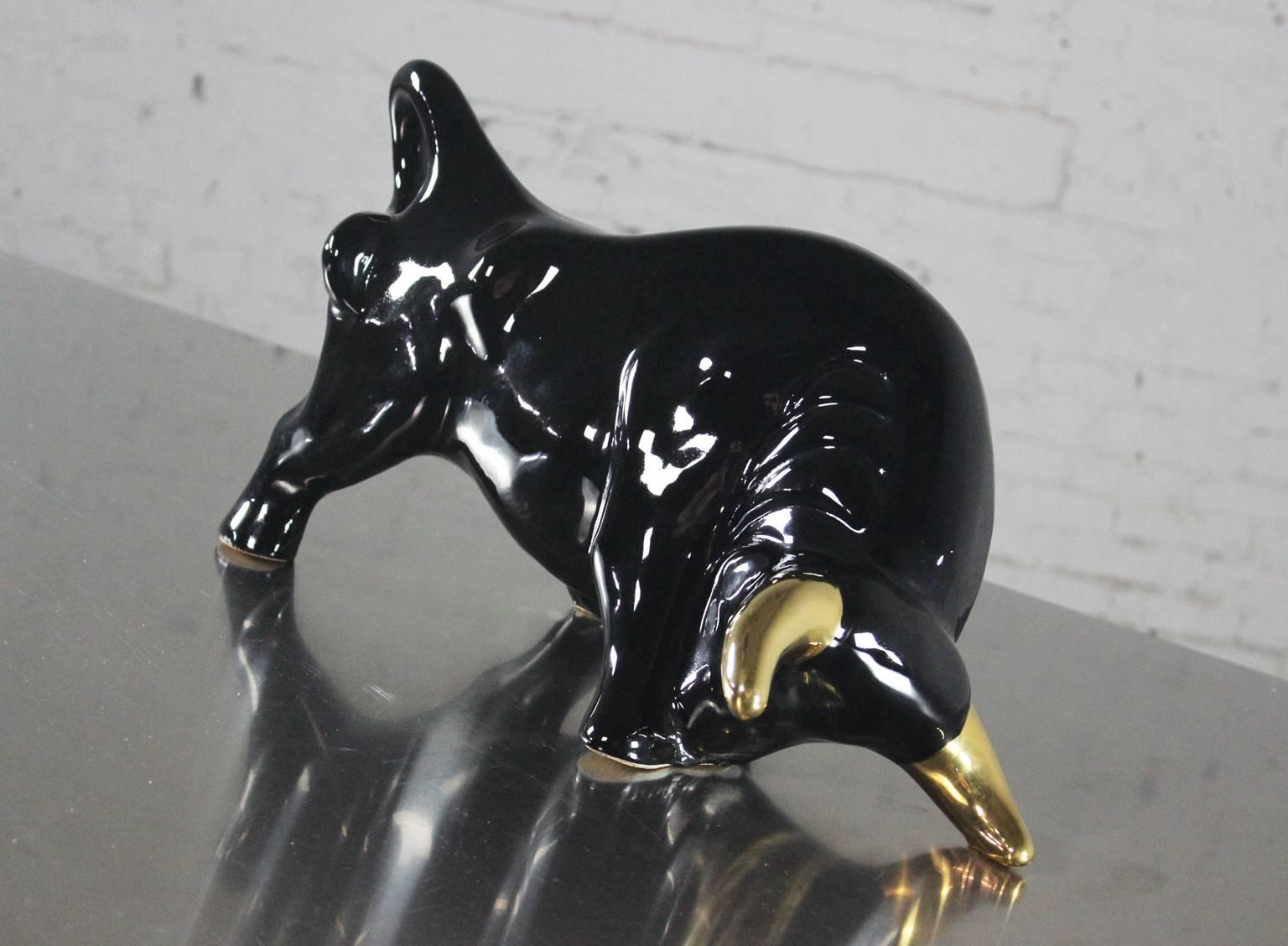 Large Royal Haeger Style Black and Gold Vanguard Studios Figural Ceramic Bull 1