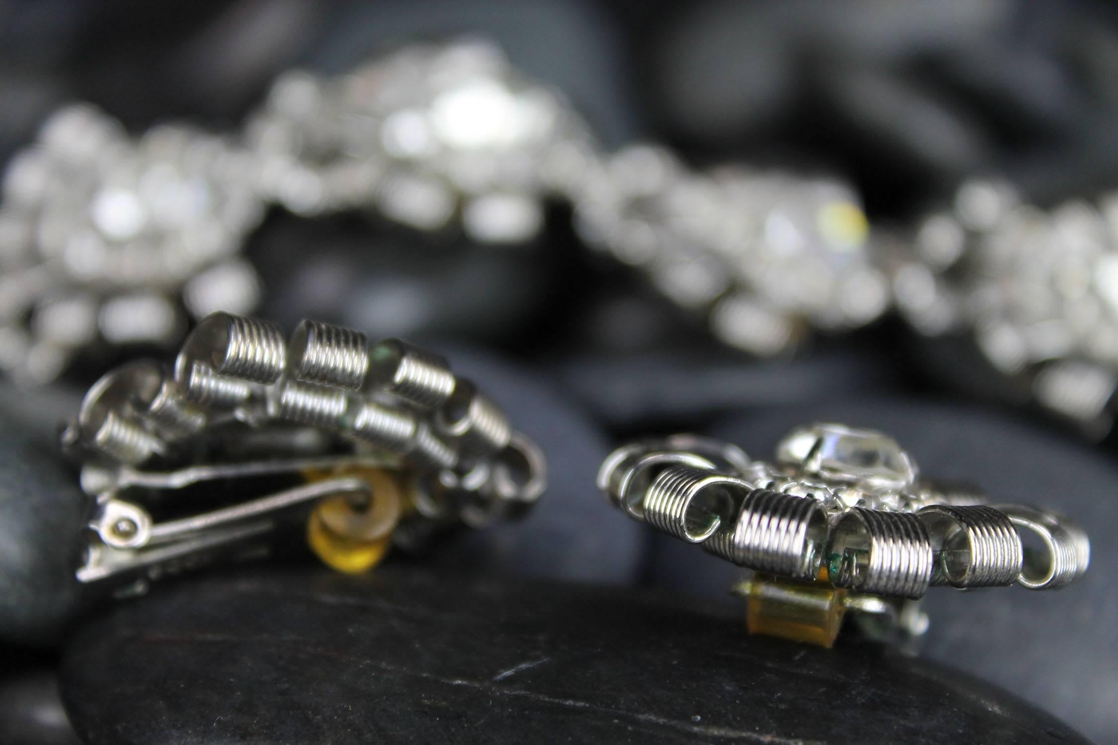 Metal Vintage Hobé Silver-Tone and Rhinestone Bracelet and Earrings