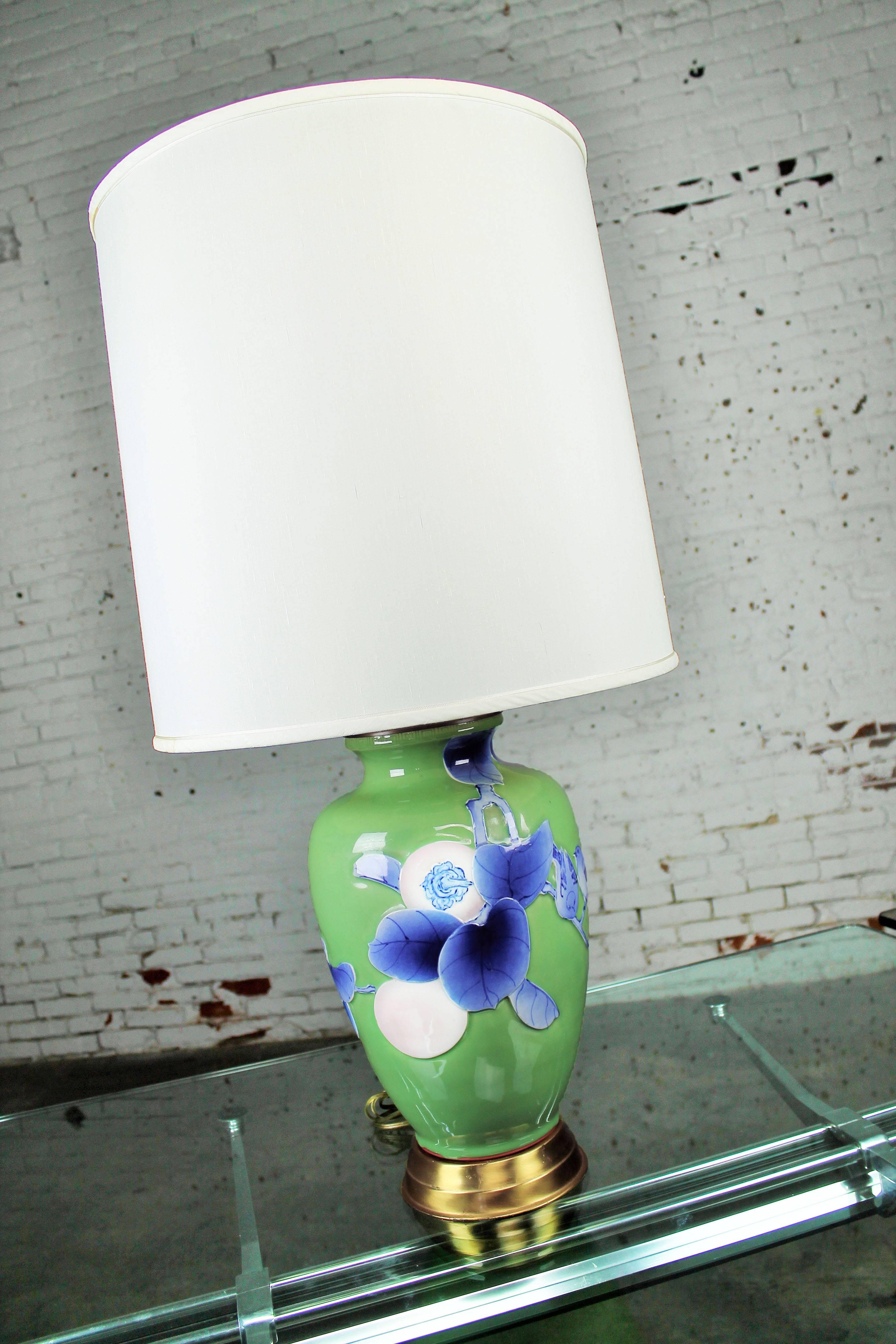 20th Century Vintage Large Ceramic Green Vase Lamp with Blue & Lavender Bird & Fruit Design