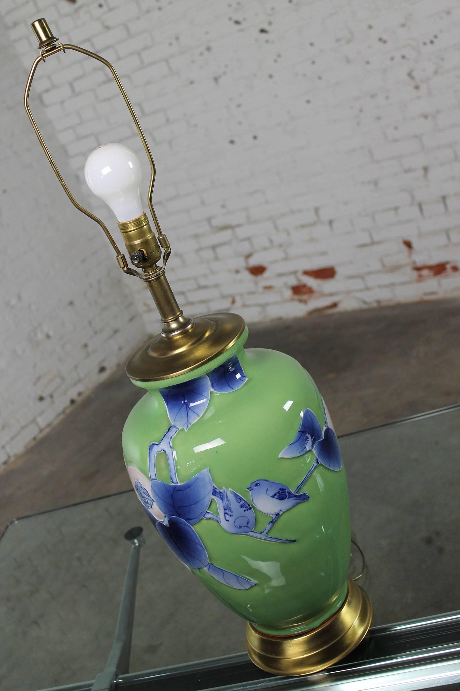 Chinoiserie Vintage Large Ceramic Green Vase Lamp with Blue & Lavender Bird & Fruit Design