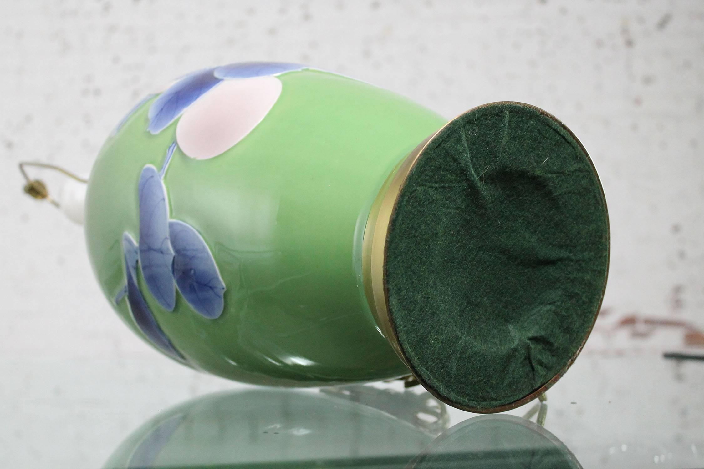 Vintage Large Ceramic Green Vase Lamp with Blue & Lavender Bird & Fruit Design In Good Condition In Topeka, KS