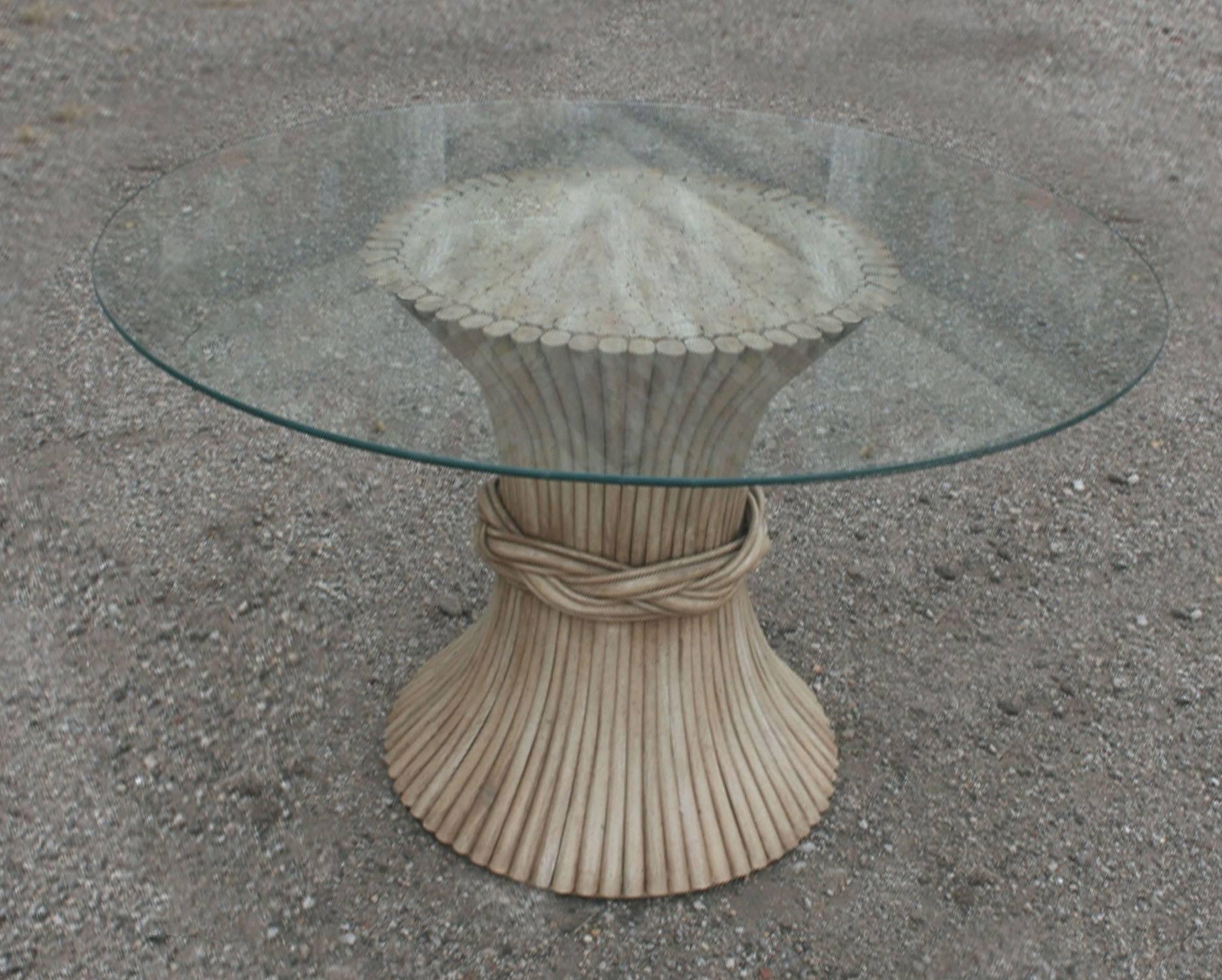 Vintage McGuire Round Rattan Dining Table Sheaf-of-Wheat Style with Glass Top In Good Condition In Topeka, KS
