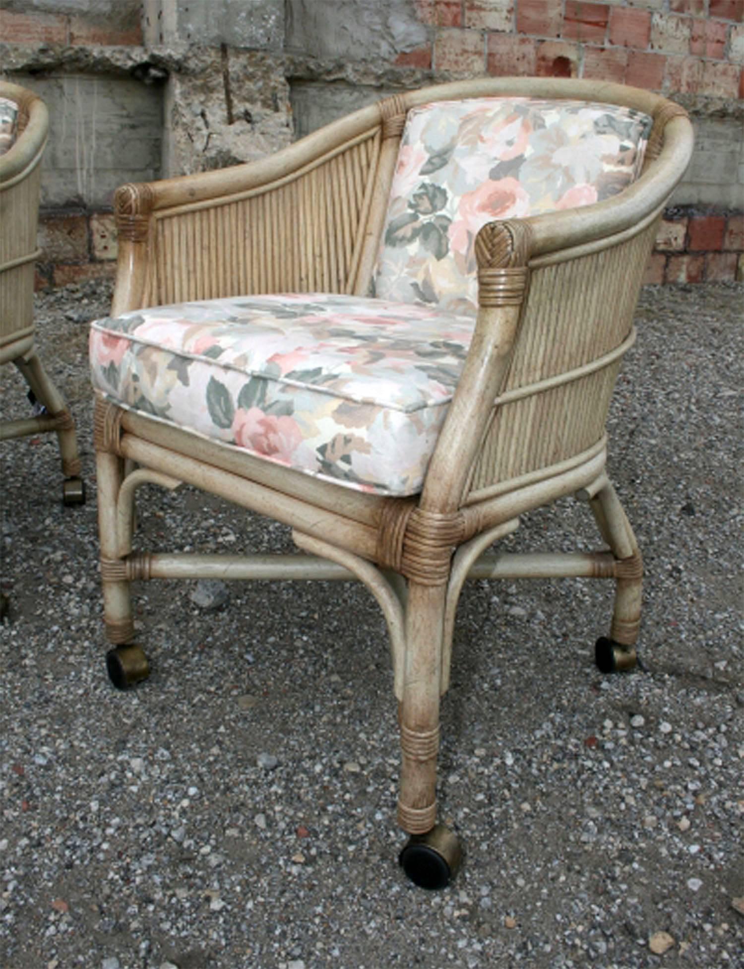 Fabric Vintage McGuire Rattan Rolling Game Chairs, Set of Four