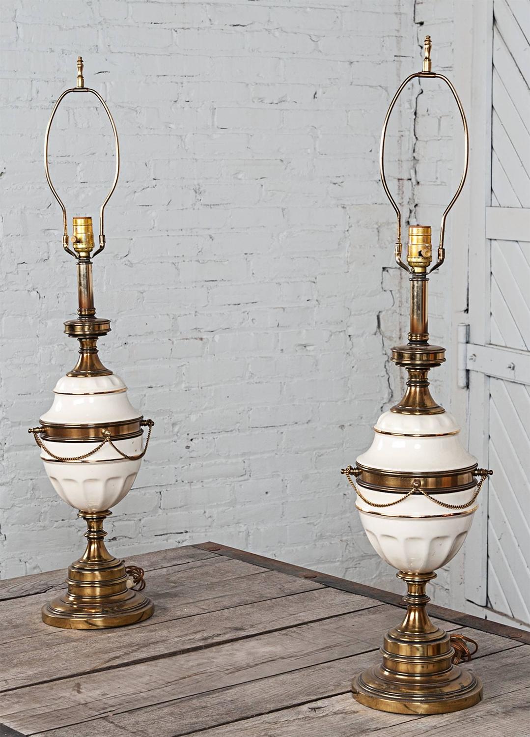 Elegant Vintage Gold Tone and White Ceramic Hollywood Regency Lamps For