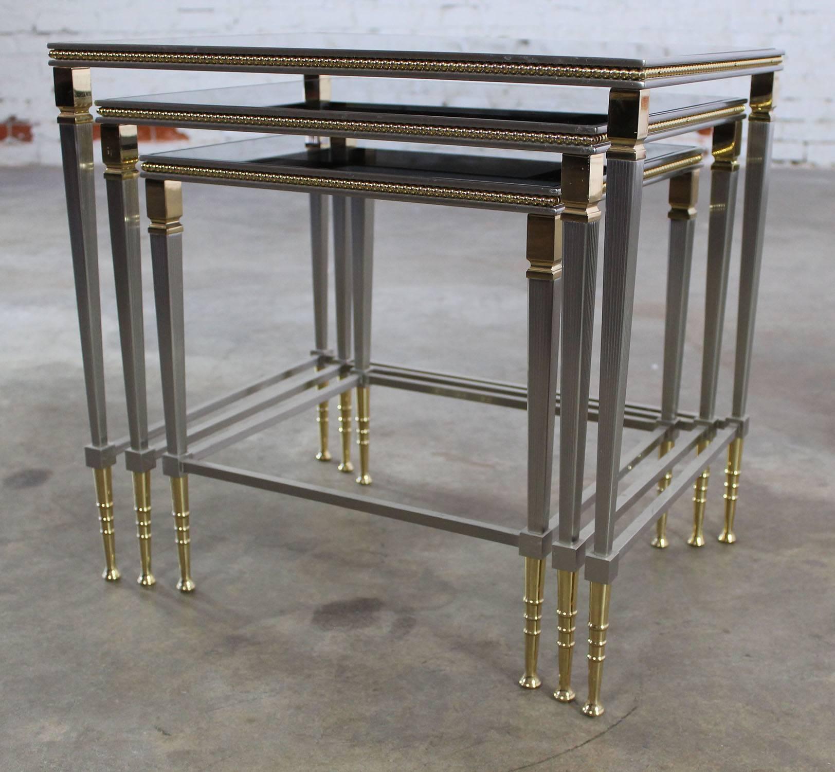 Neoclassical Brass and Stainless Nesting Tables with Mirror Edged Glass Tops