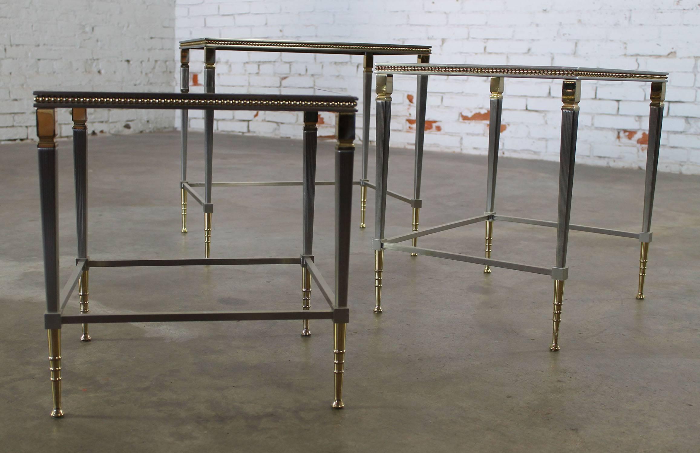 Brass and Stainless Nesting Tables with Mirror Edged Glass Tops In Good Condition In Topeka, KS