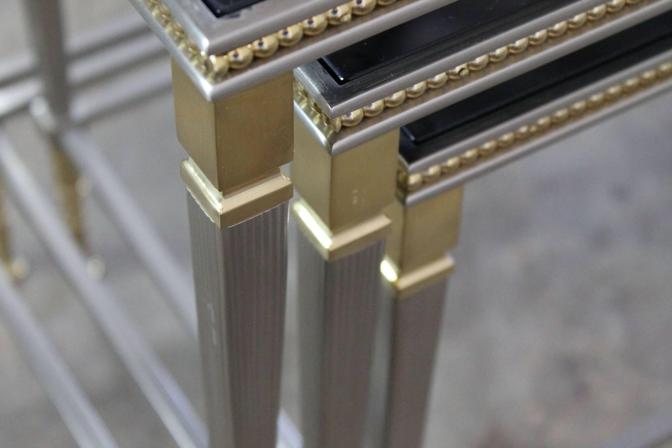 Brass and Stainless Nesting Tables with Mirror Edged Glass Tops 2