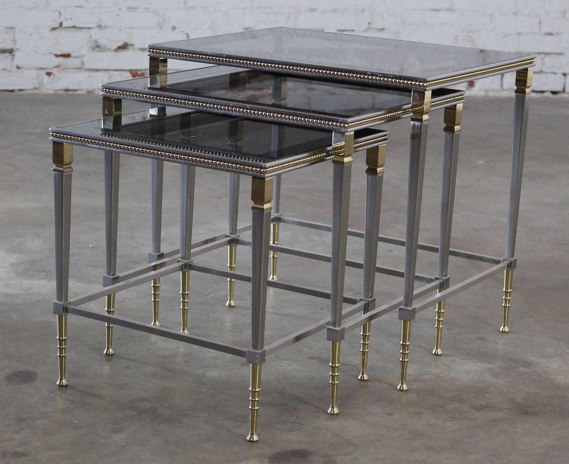 Brass and Stainless Nesting Tables with Mirror Edged Glass Tops 5