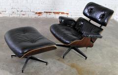Vintage Herman Miller Eames Lounge Chair & Ottoman in Black Leather & Rosewood