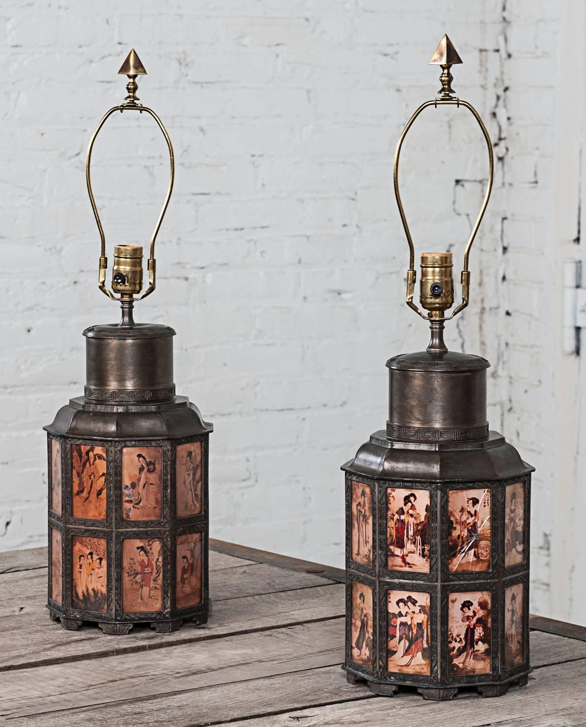 Chinoiserie Vintage Pair of Pewter Asian Style Nonagon Table Lamps