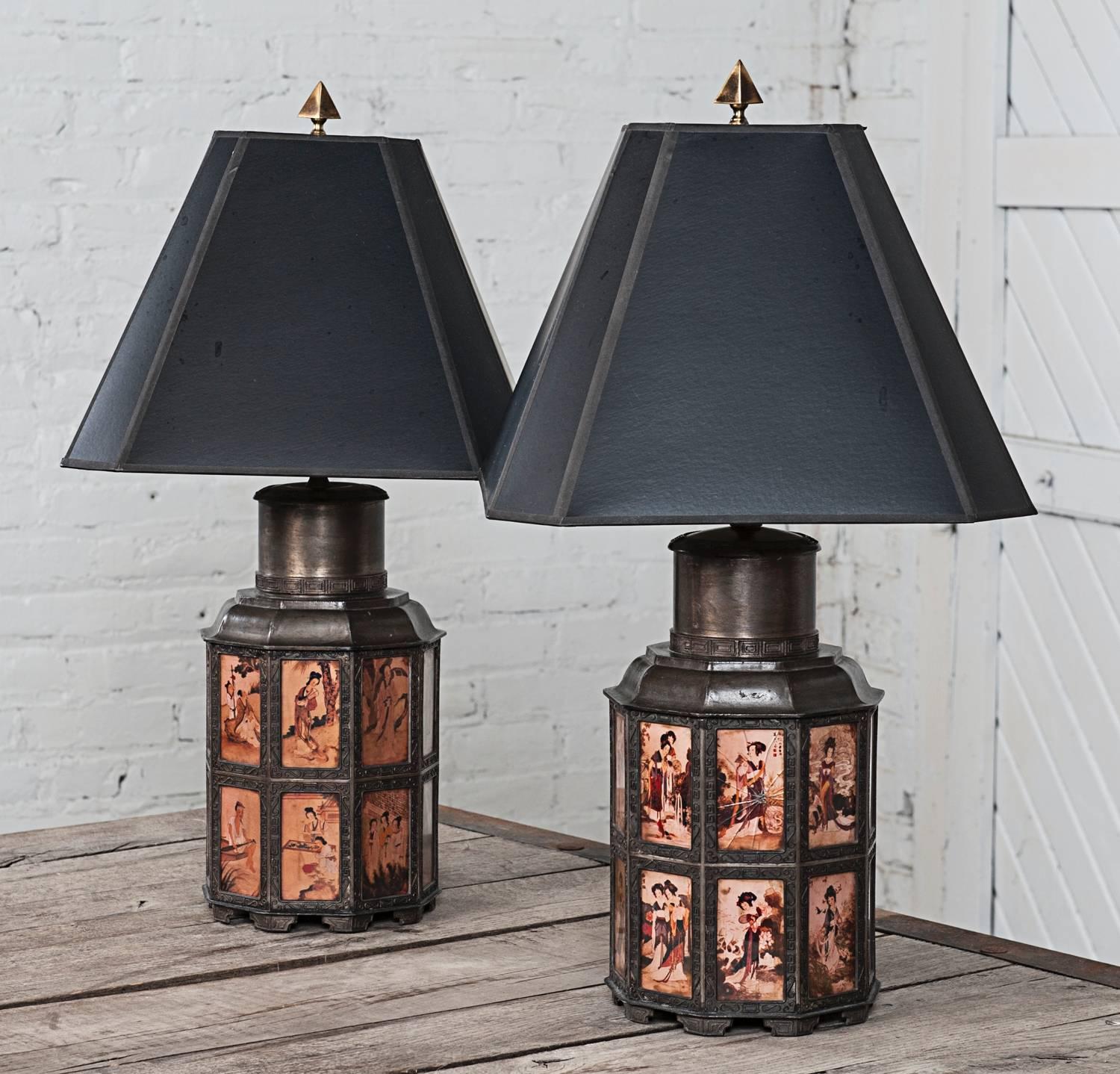 Vintage Pair of Pewter Asian Style Nonagon Table Lamps 5