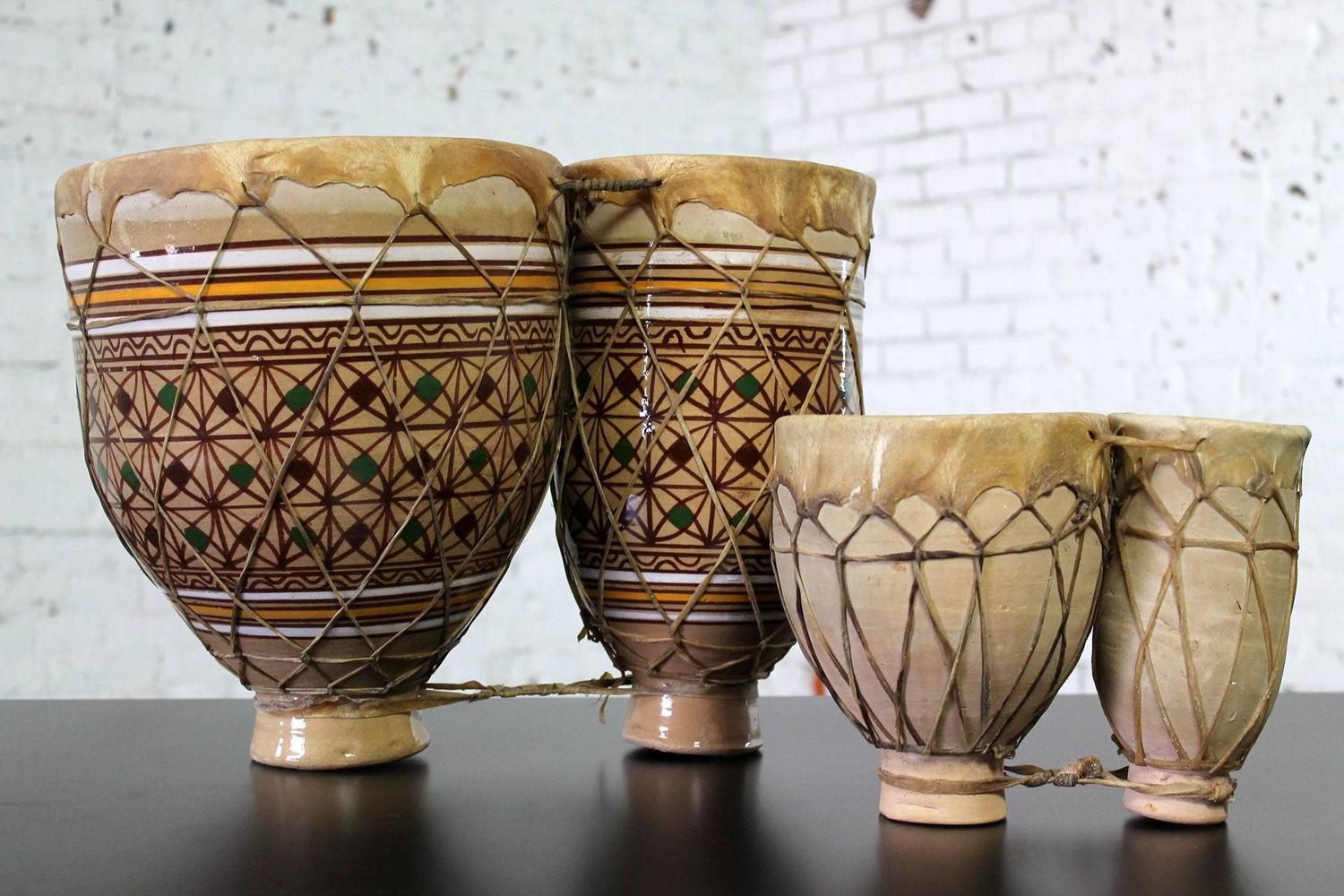 Vintage Set of Two Moroccan Double Ceramic BongoStyle Tbilat Drums For
