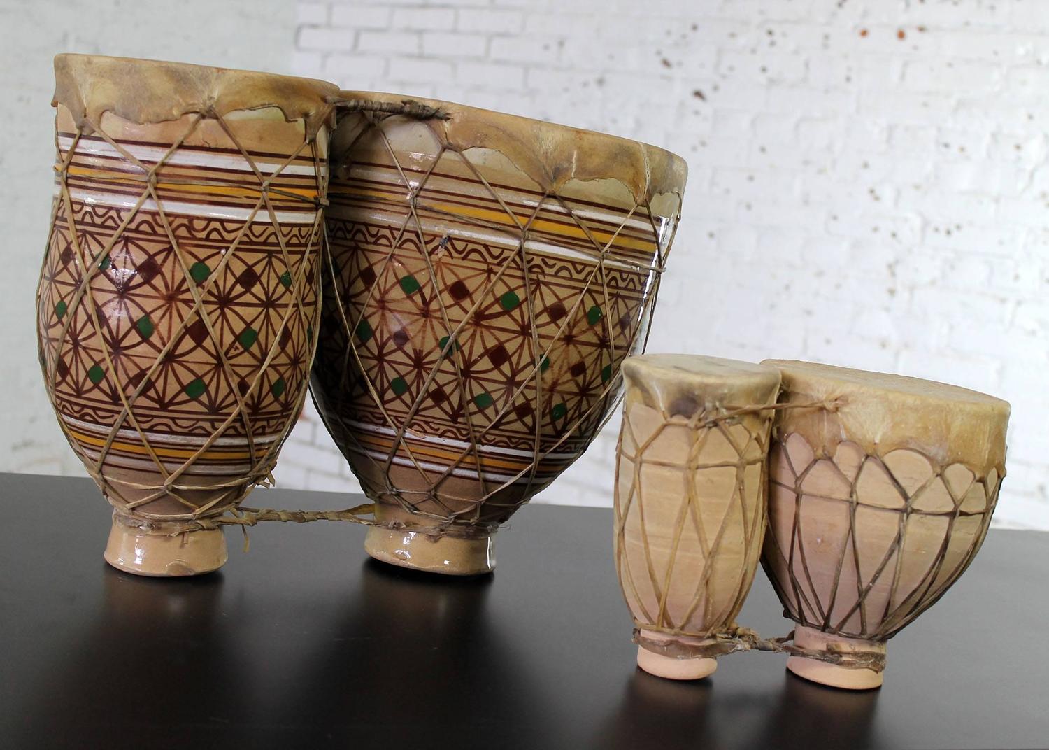 Vintage Set of Two Moroccan Double Ceramic BongoStyle Tbilat Drums For