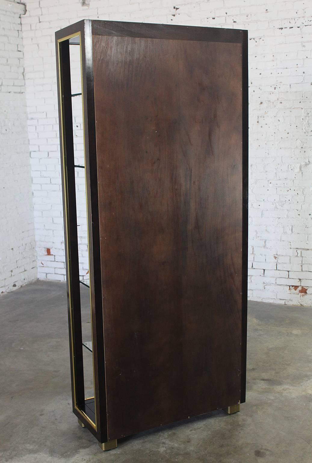 Vintage Dark Wood Etagere Bookcase with Brass Trim and Glass Shelves In Good Condition In Topeka, KS