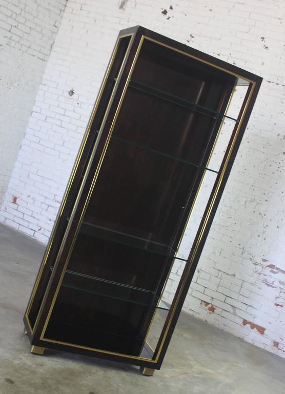 Vintage Dark Wood Etagere Bookcase with Brass Trim and Glass Shelves at