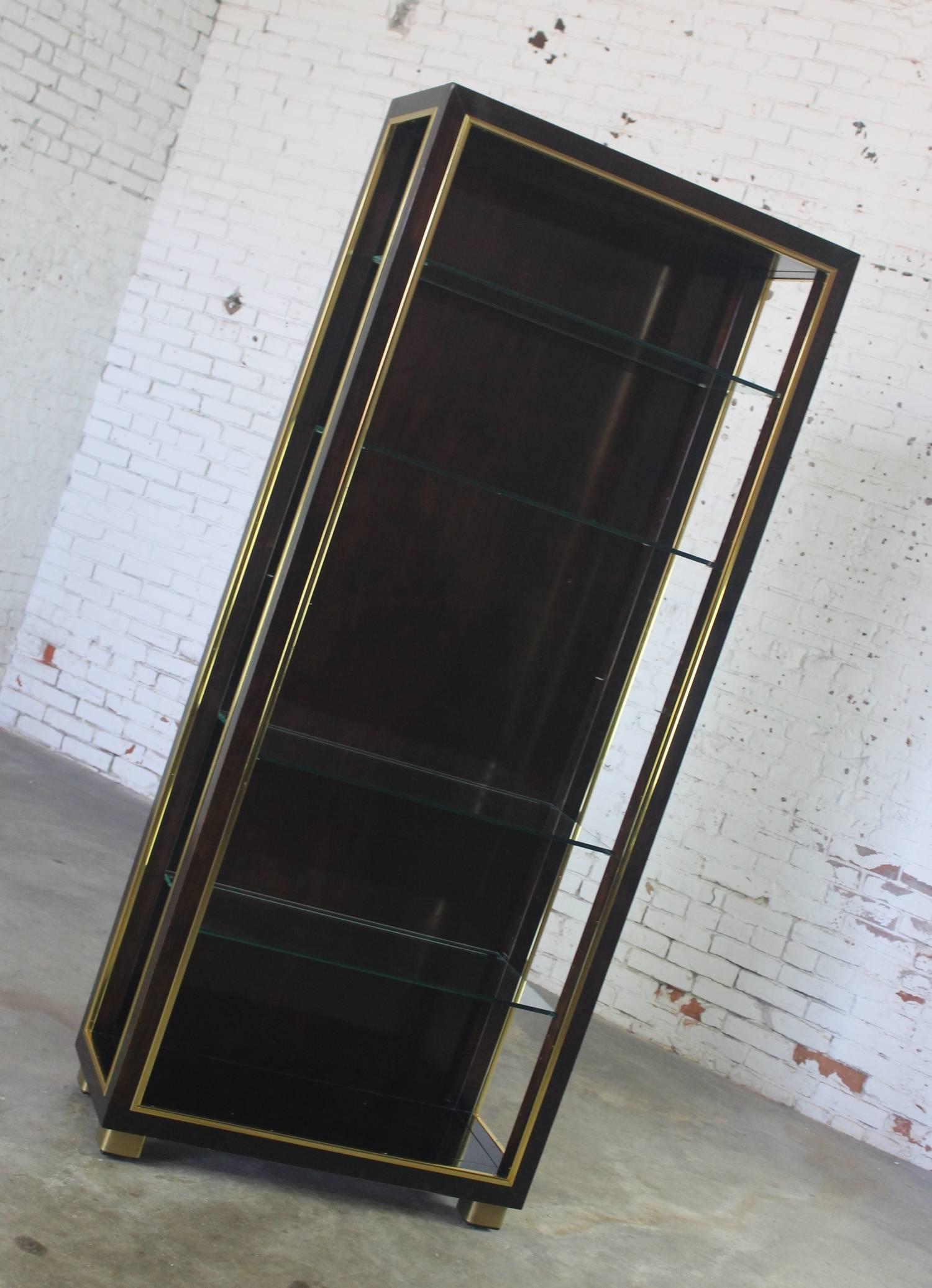 20th Century Vintage Dark Wood Etagere Bookcase with Brass Trim and Glass Shelves