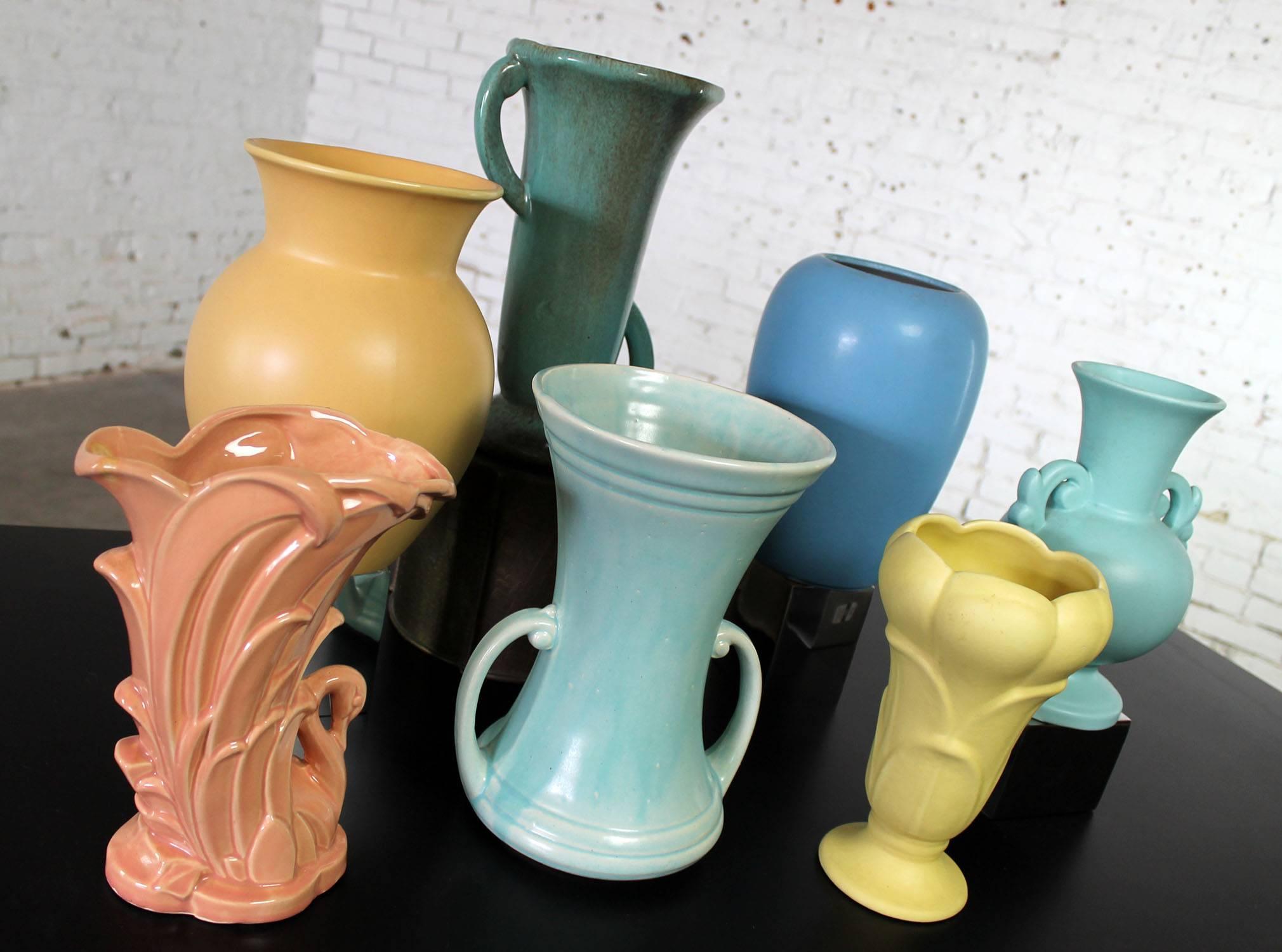 Incredible, colorful seven mid-century pottery vases. An instant collection. All are in wonderful vintage condition. Circa 1950s.

Here is an instant collection of beautiful mid-century pottery vases including Gonder, McCoy, Rum Rill, Scheurich W.