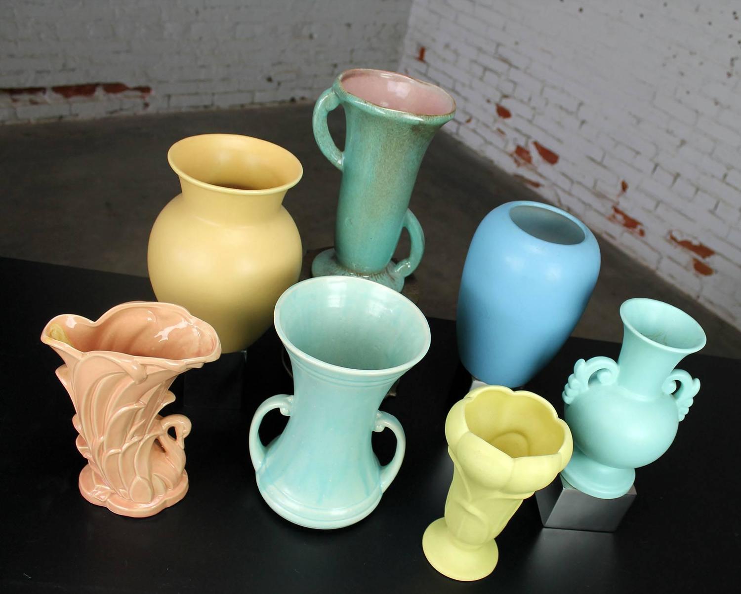 Vintage Collection of Seven MidCentury Pottery Vases Various Makers