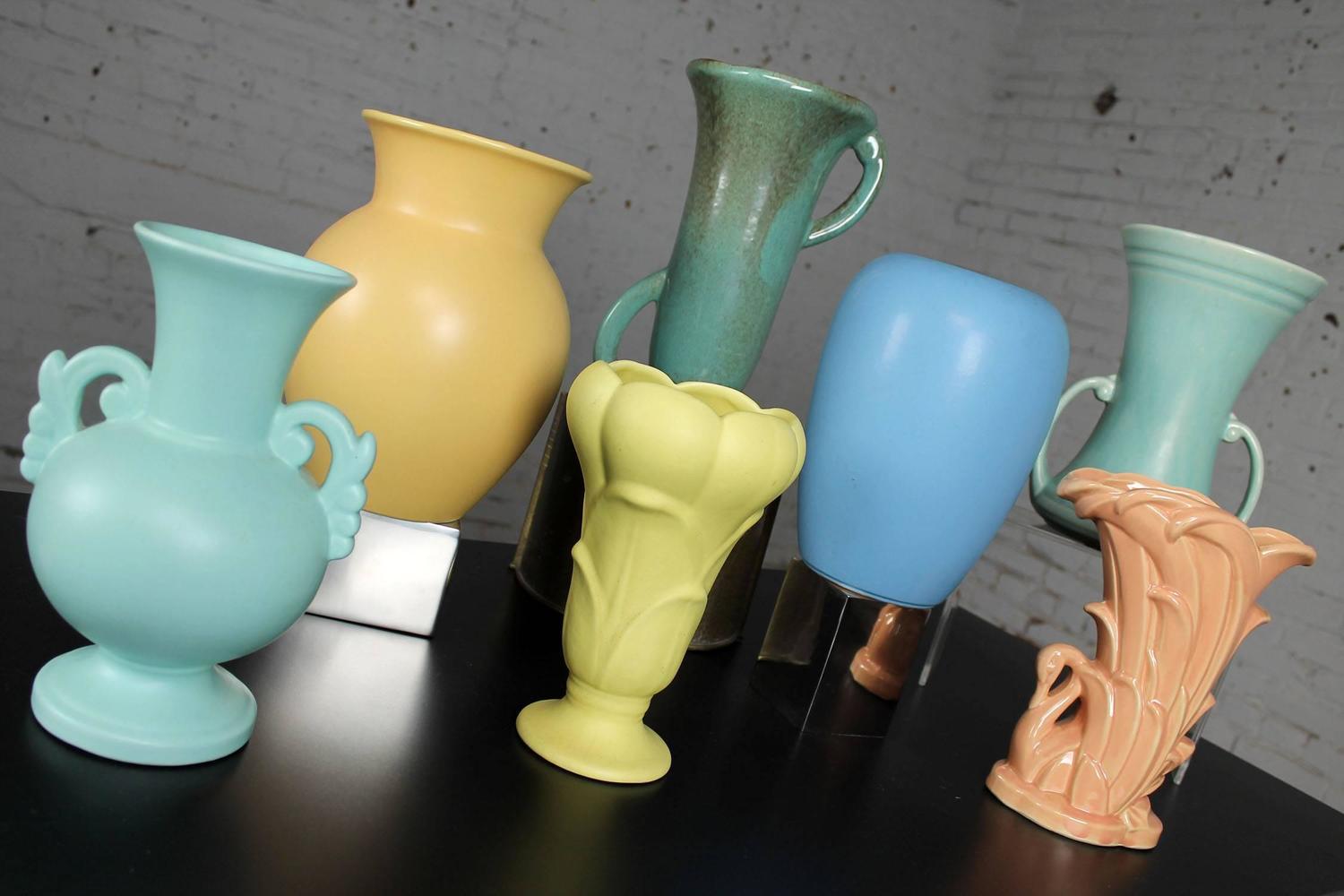Vintage Collection of Seven MidCentury Pottery Vases Various Makers