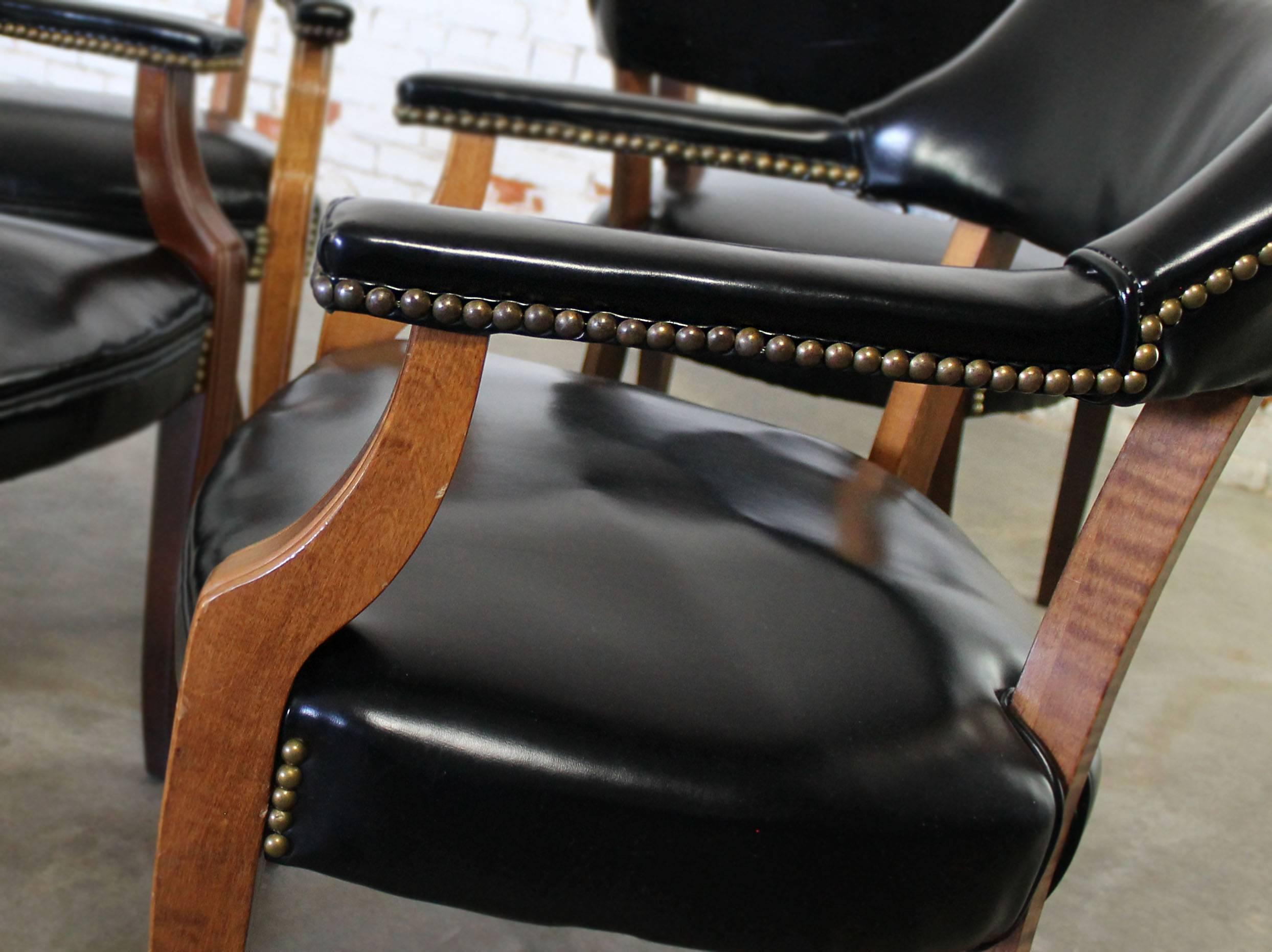 Other Vintage Walnut and Black Faux Leather Captain Chairs with Nailhead Detail
