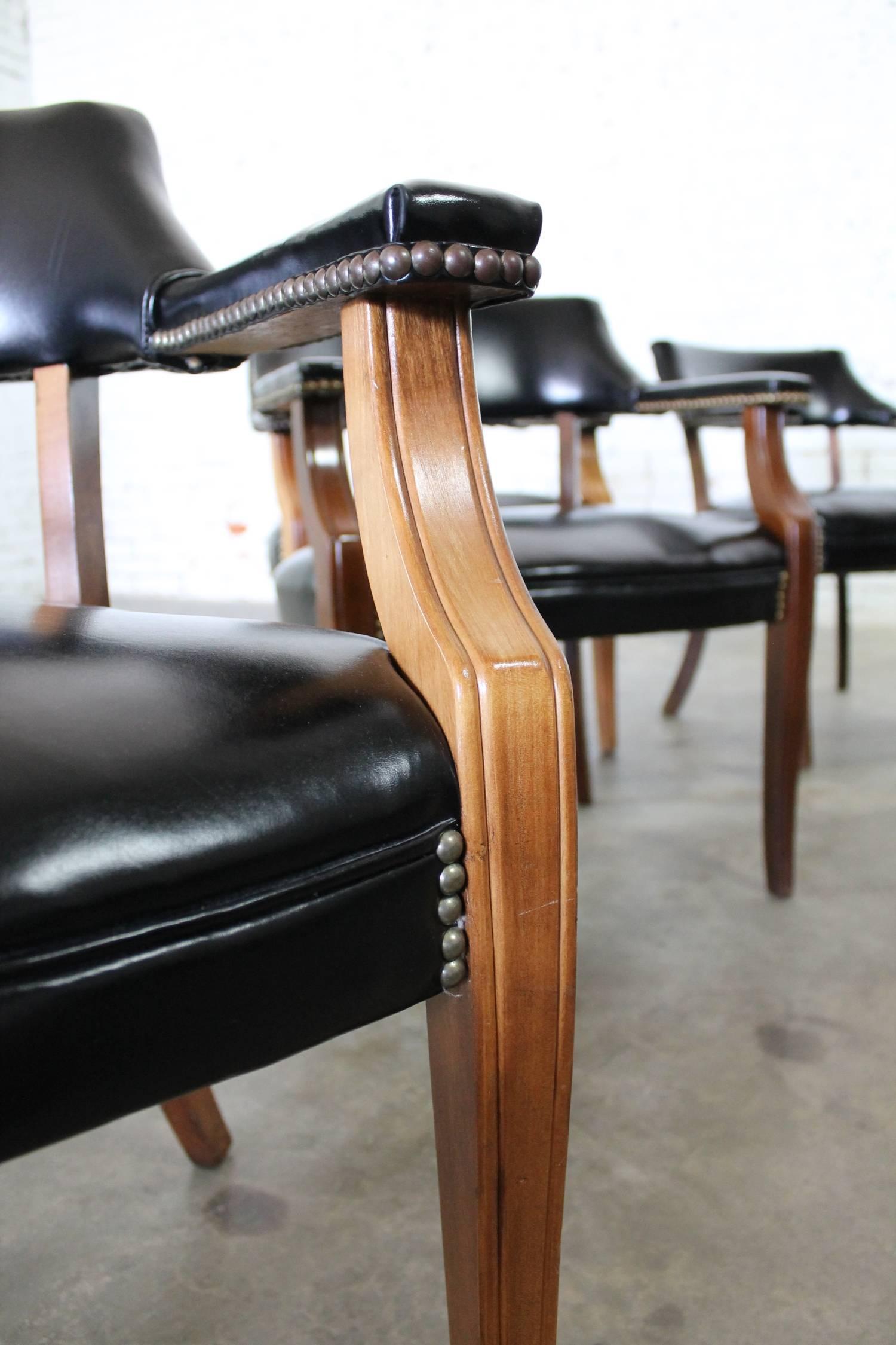 Vintage Walnut and Black Faux Leather Captain Chairs with Nailhead Detail In Good Condition In Topeka, KS