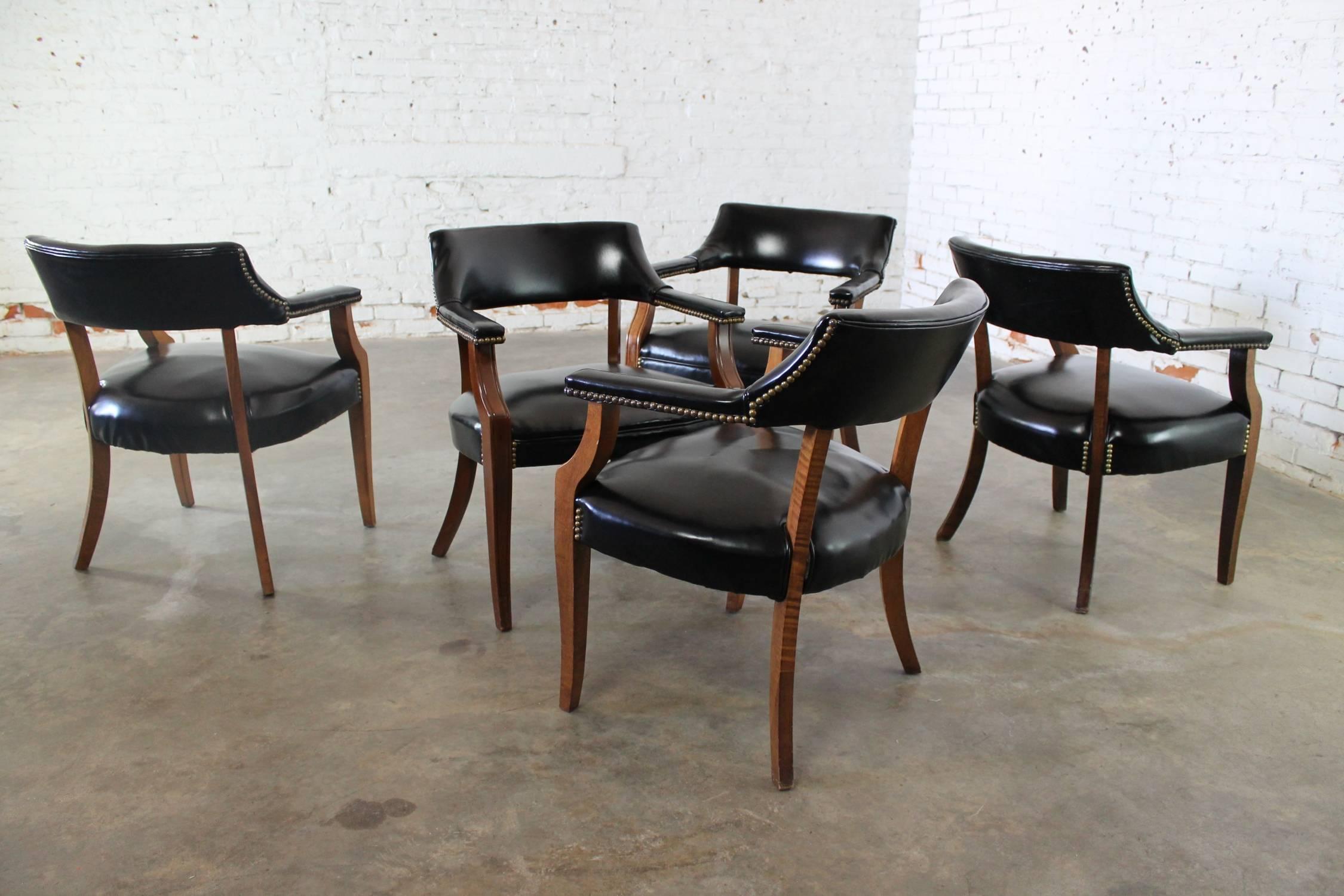 Vintage Walnut and Black Faux Leather Captain Chairs with Nailhead Detail 2