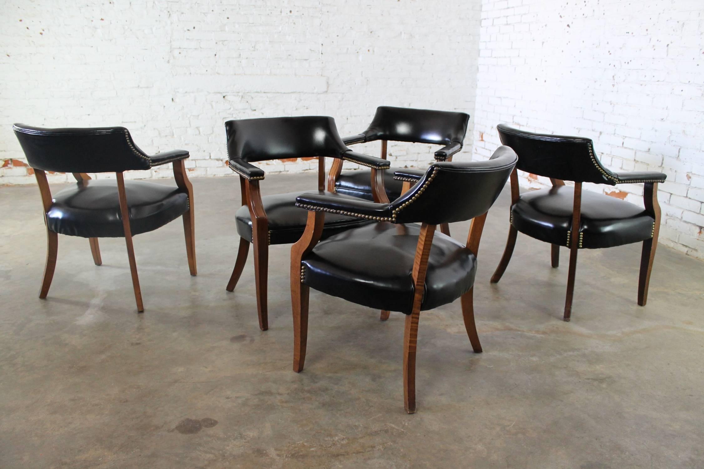 Vintage Walnut and Black Faux Leather Captain Chairs with Nailhead