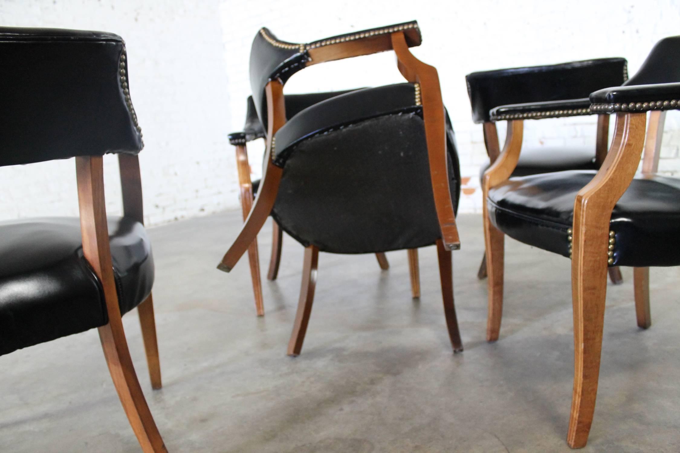 Vintage Walnut and Black Faux Leather Captain Chairs with Nailhead Detail 1