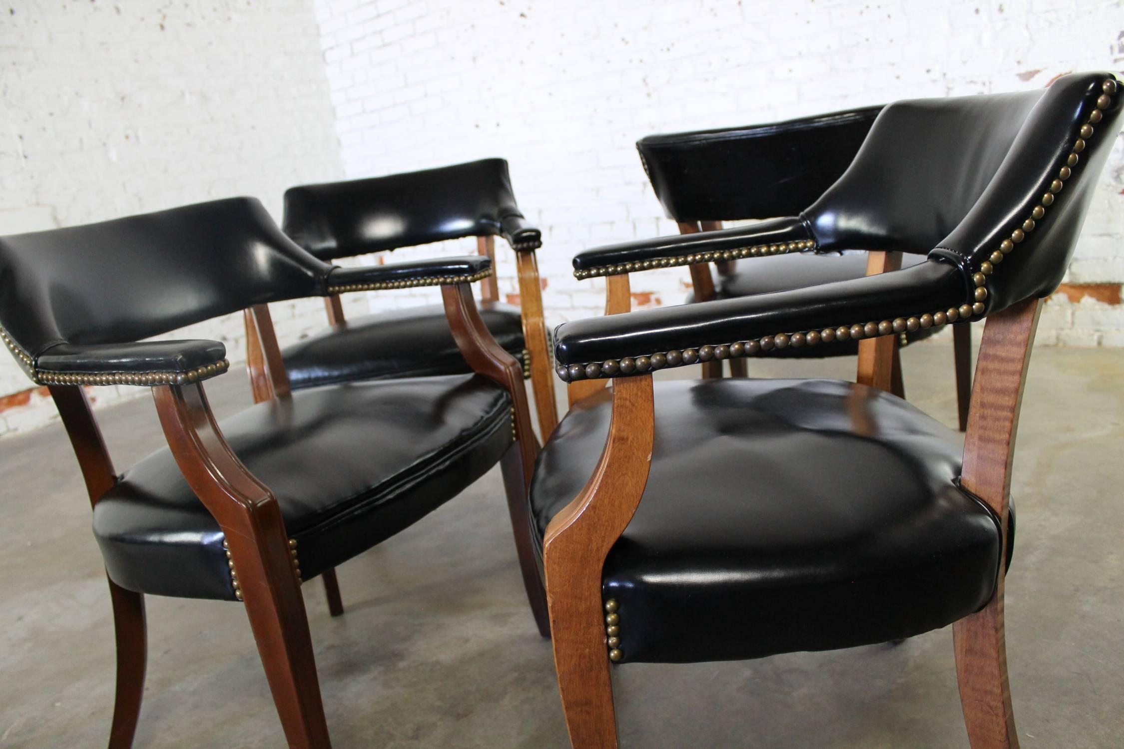 20th Century Vintage Walnut and Black Faux Leather Captain Chairs with Nailhead Detail