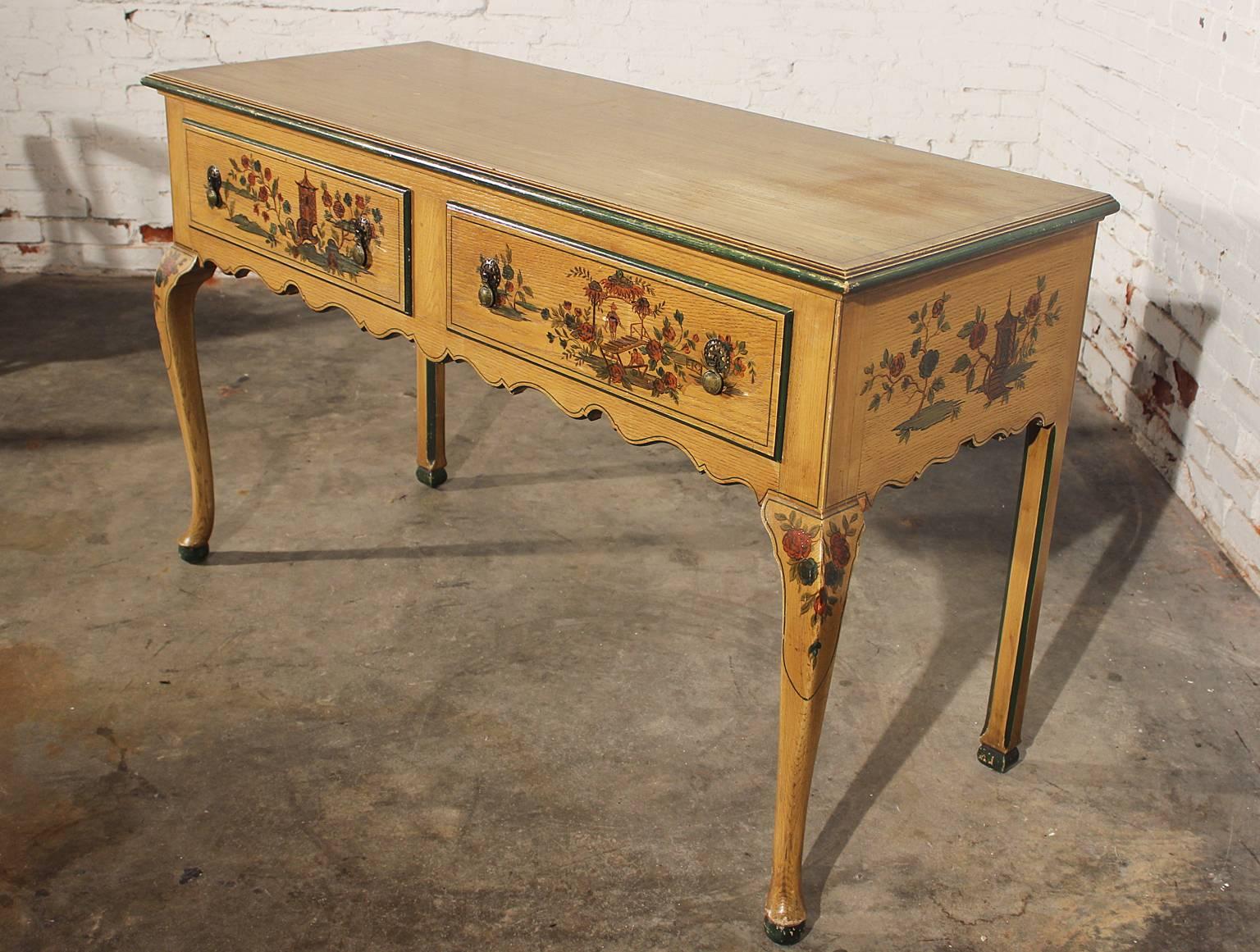 Incredible antique hunt style buffet server with cabriole legs and chinoiserie hand-painted design. This piece is in wonderful vintage condition. Any imperfections only serve to enhance its beautiful age patina. Just look at the fabulous