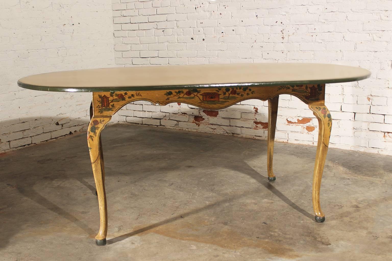 Wood Antique Chinoiserie Hand-Painted Oval Dining Table with Cabriole Legs