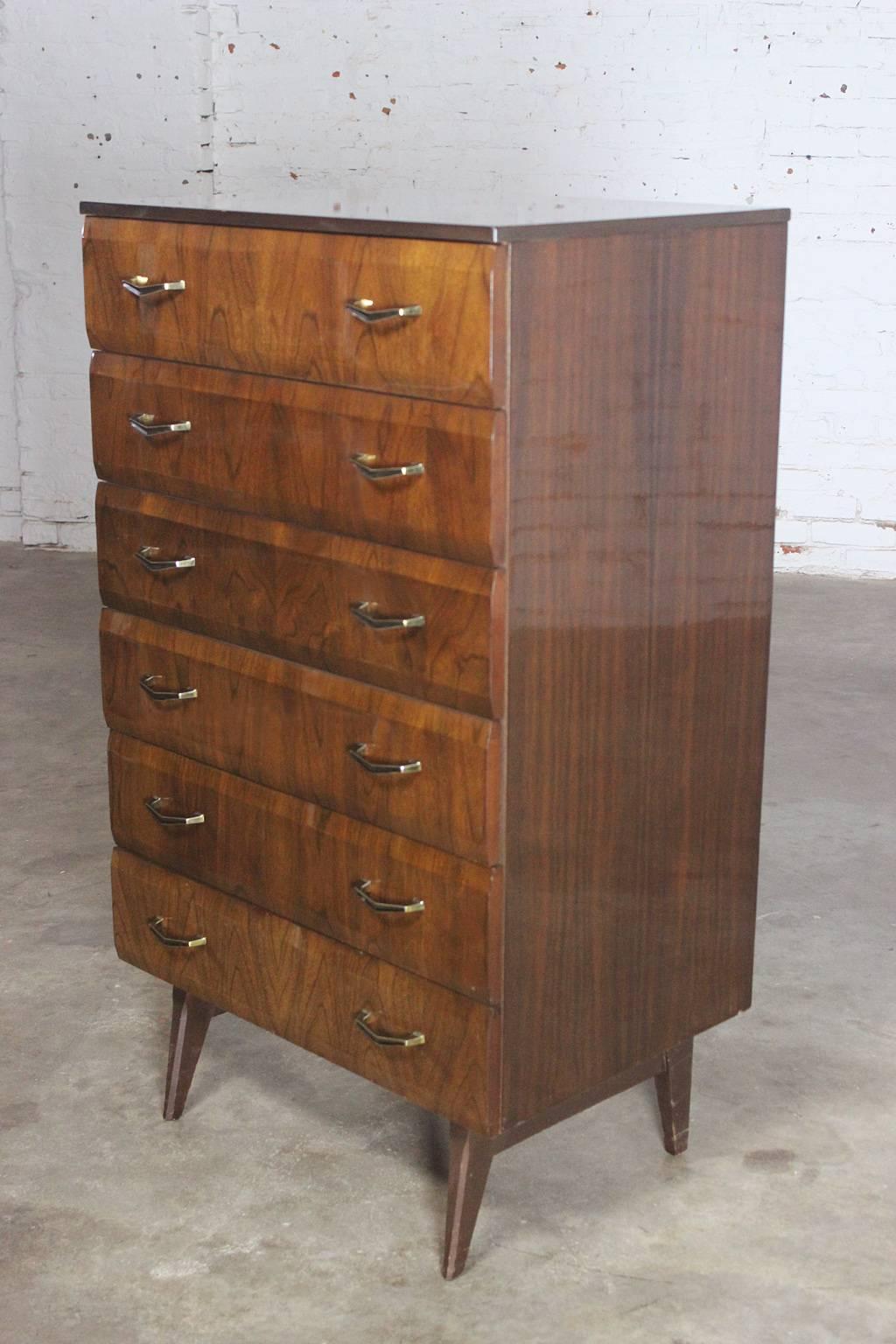 Handsome small chest of drawers by meredew furniture manufacturers. Part of the Tola bedroom furniture and Meredew Design '62 line attributed to Alphons Loebenstein. It is in great vintage condition. See long description for details.

Wow! What an