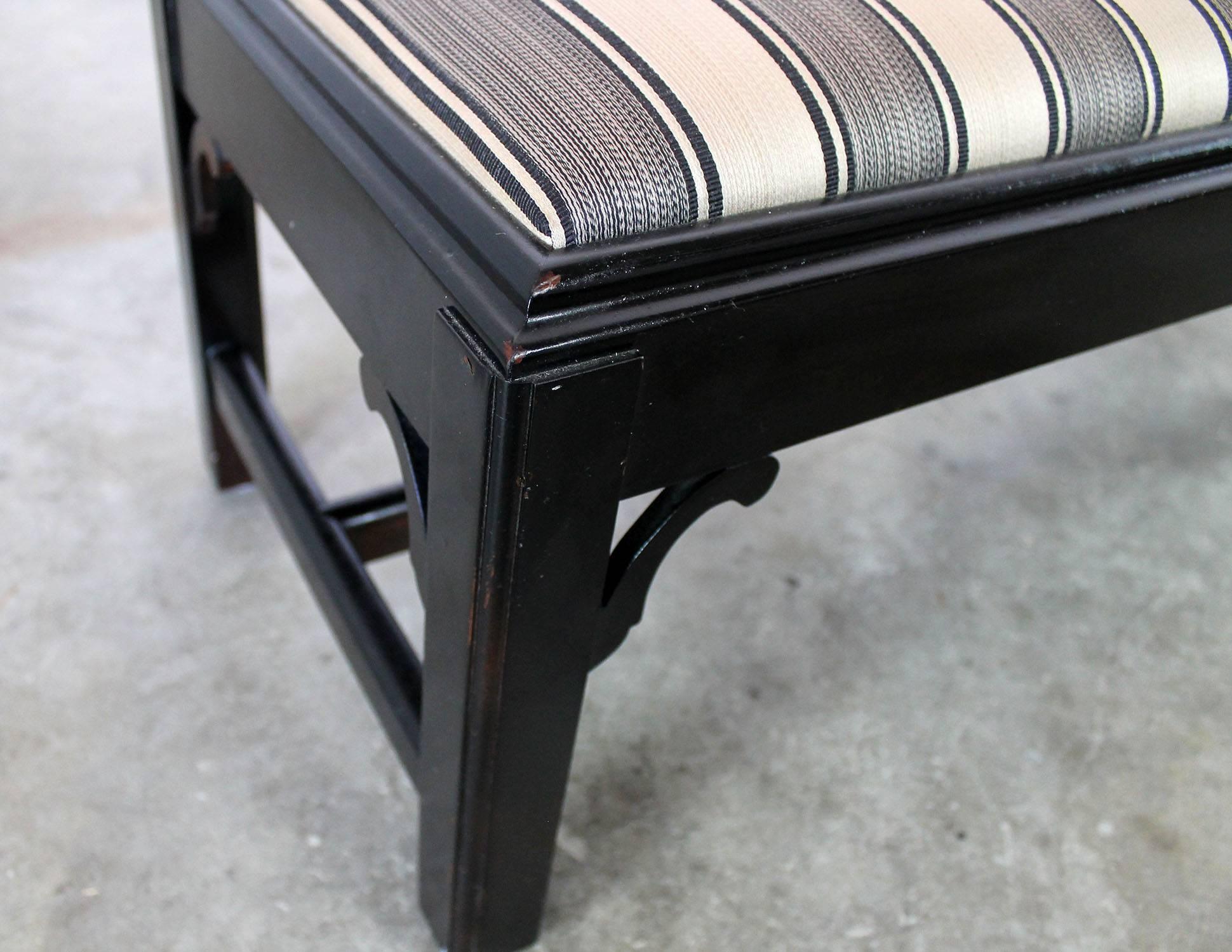 Painted Vintage Black Chinese Chippendale-Style Bench with Black and Gold Upholstery