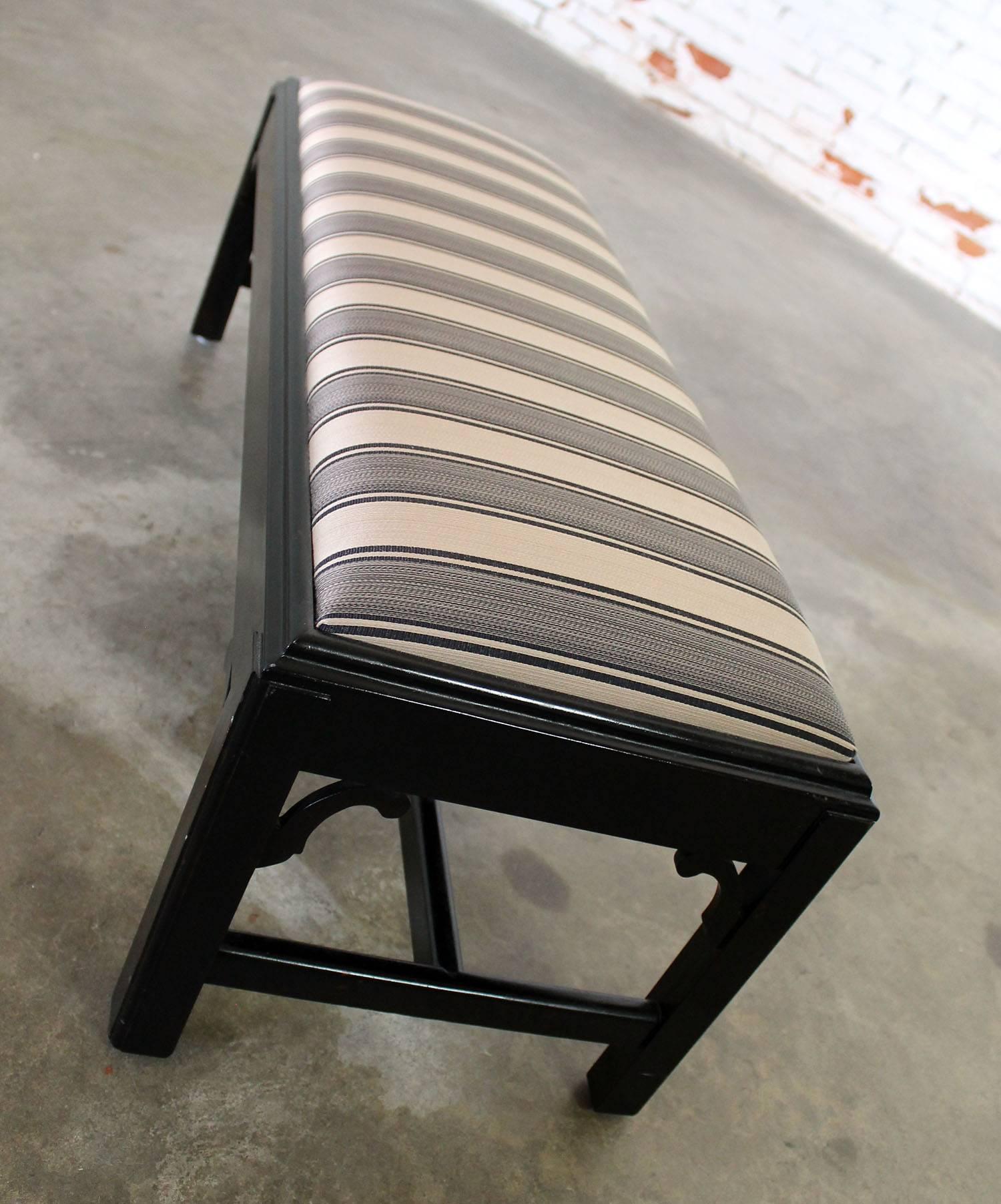 Fabric Vintage Black Chinese Chippendale-Style Bench with Black and Gold Upholstery