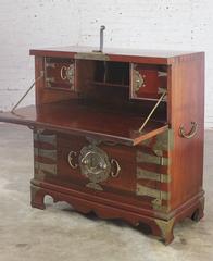 Vintage Korean Campaign Style Secrétaire Cabinet Drop Front Desk