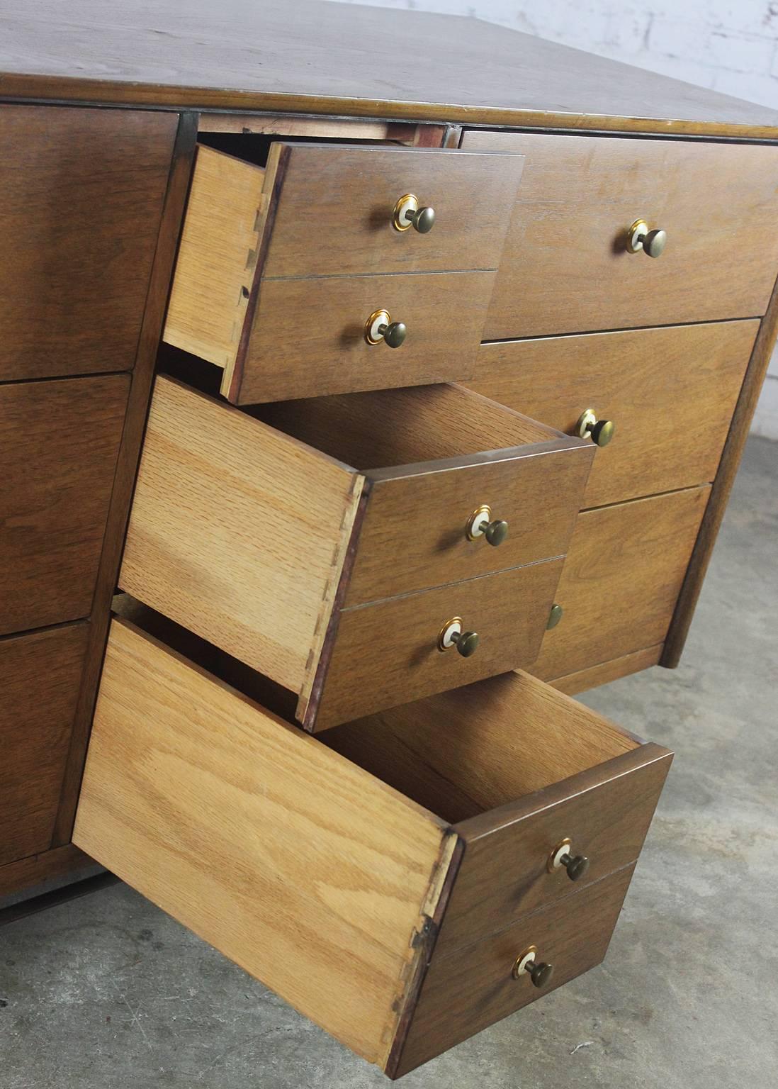 Brass Mid-Century Modern Walnut Low Dresser Chest of Drawers by National Furniture Co.