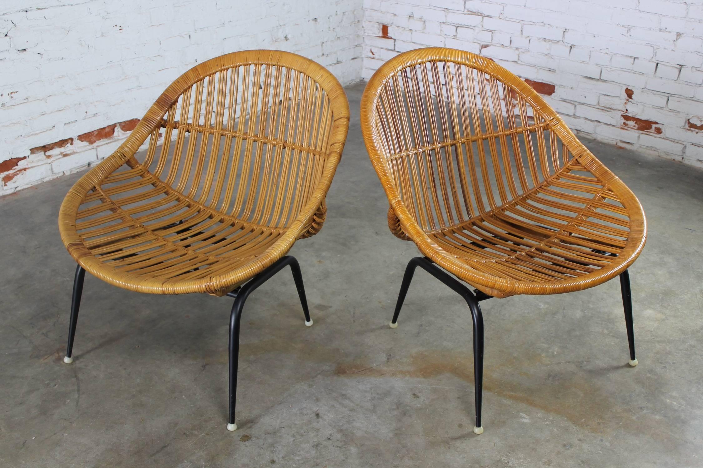 Metal Pair of Mid-Century Modern Rattan Wicker Basket Chairs by Troy Sunshade Company