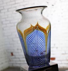 Vintage Correia Art Glass Pulled Feather Vase Cobalt Clear Metallic, 1980