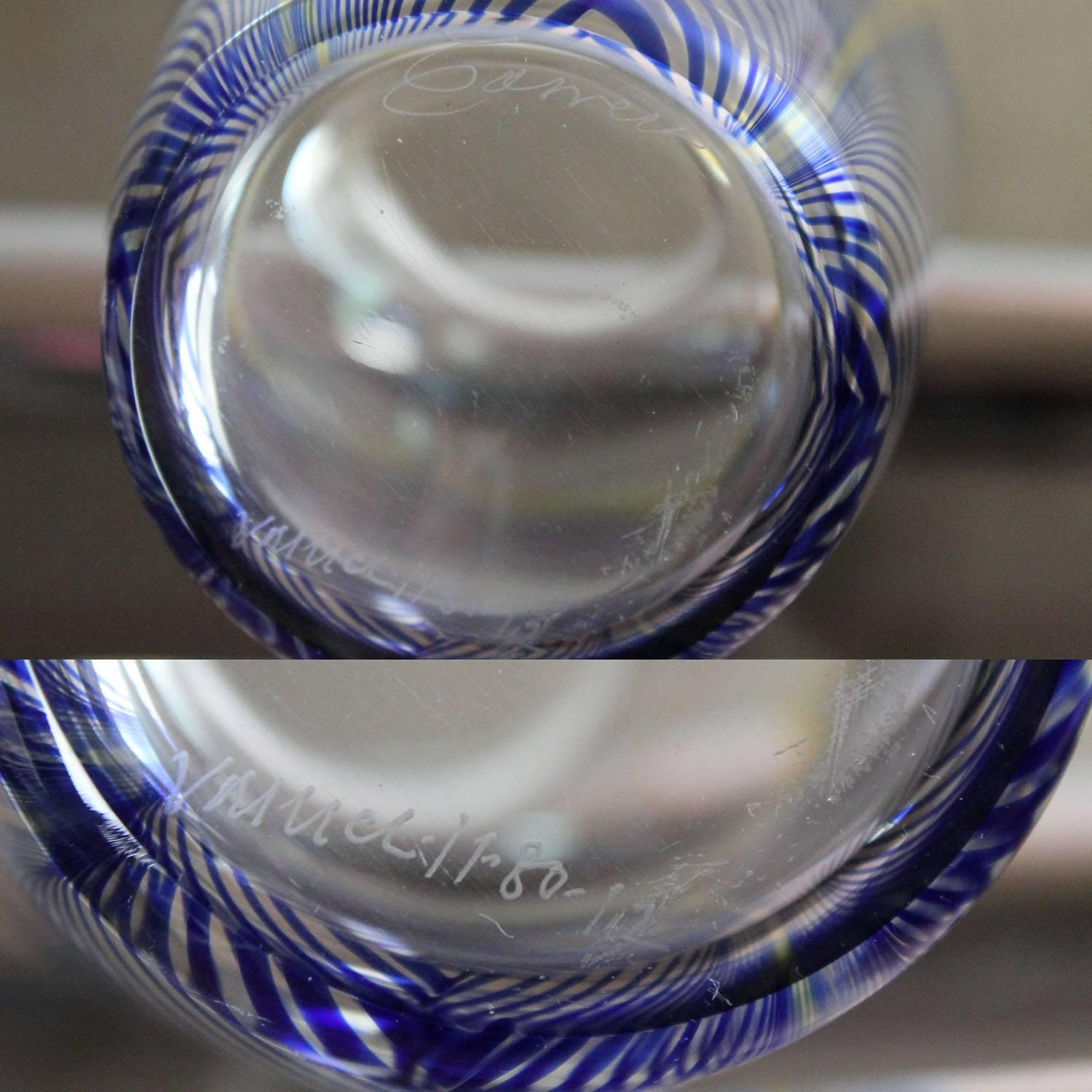 Modern Vintage Correia Art Glass Pulled Feather Vase Cobalt Clear Metallic, 1980