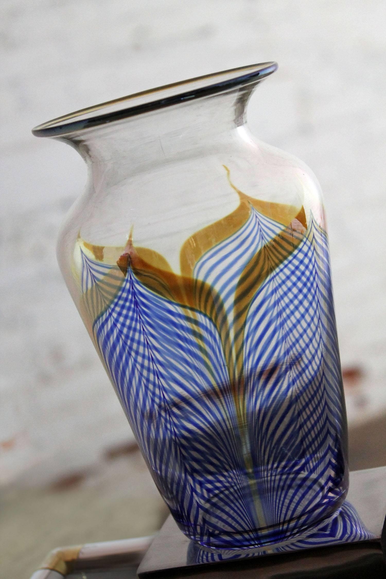 American Vintage Correia Art Glass Pulled Feather Vase Cobalt Clear Metallic, 1980