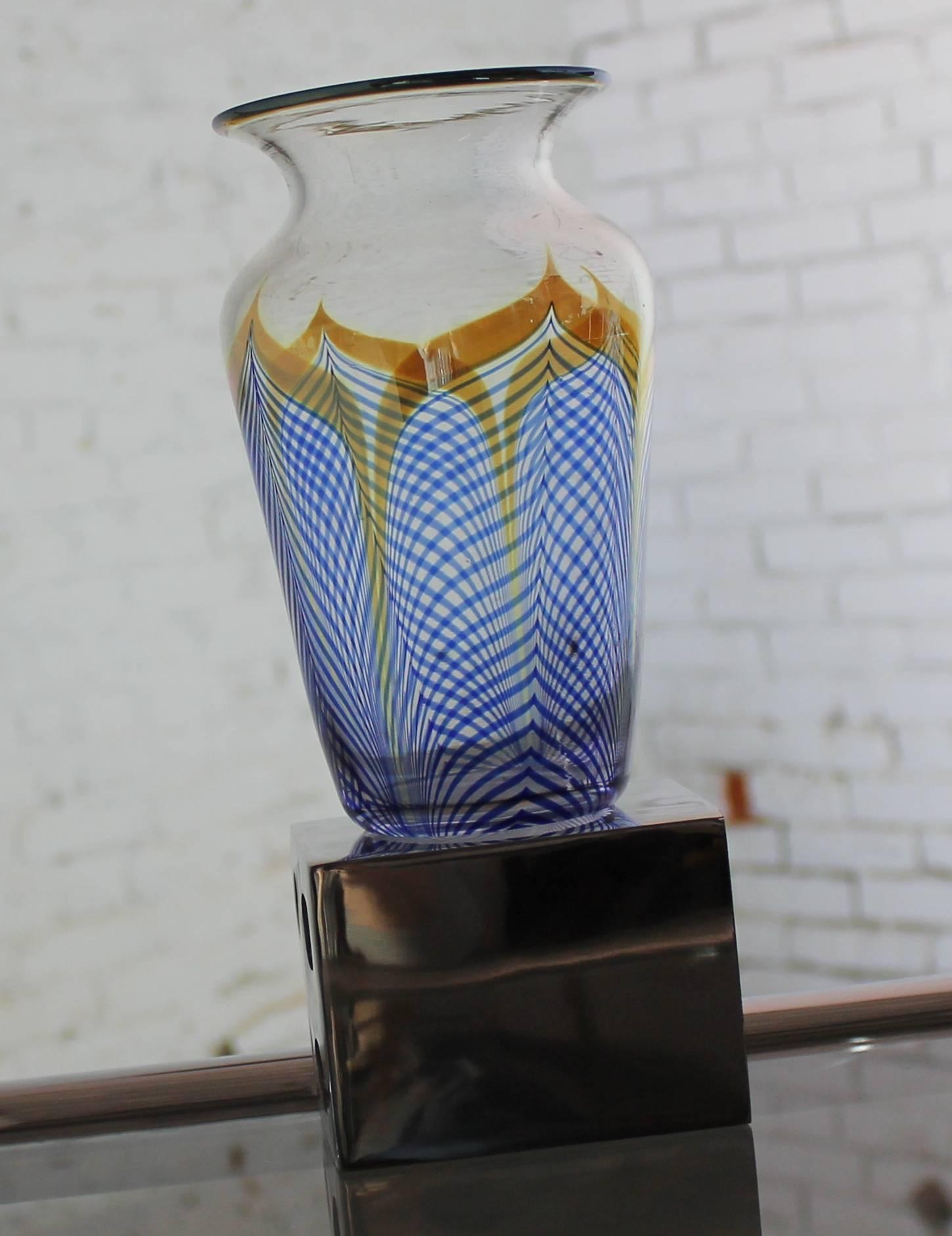 Vintage Correia Art Glass Pulled Feather Vase Cobalt Clear Metallic, 1980 In Good Condition In Topeka, KS