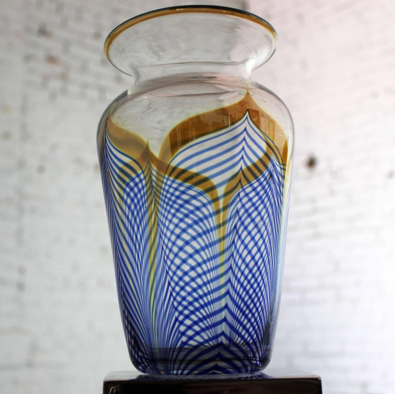 20th Century Vintage Correia Art Glass Pulled Feather Vase Cobalt Clear Metallic, 1980