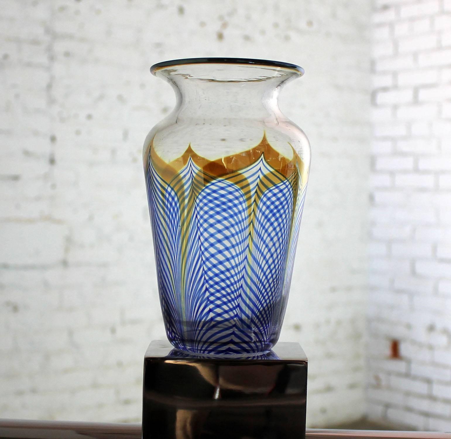 Blown Glass Vintage Correia Art Glass Pulled Feather Vase Cobalt Clear Metallic, 1980