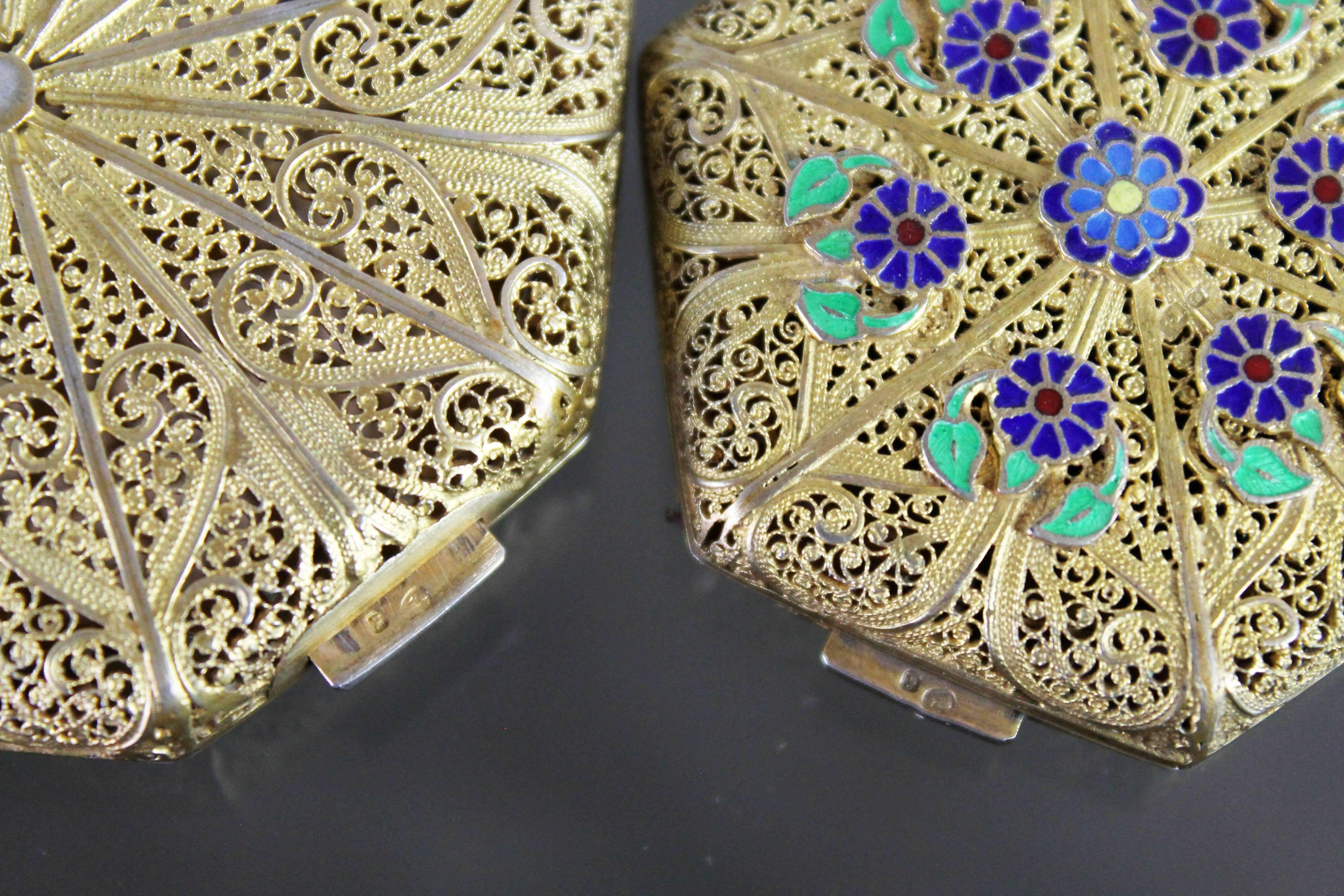 Pair of Octagon Compacts Vermeil Filigree Hallmarked & Enameled Flower Applique 5